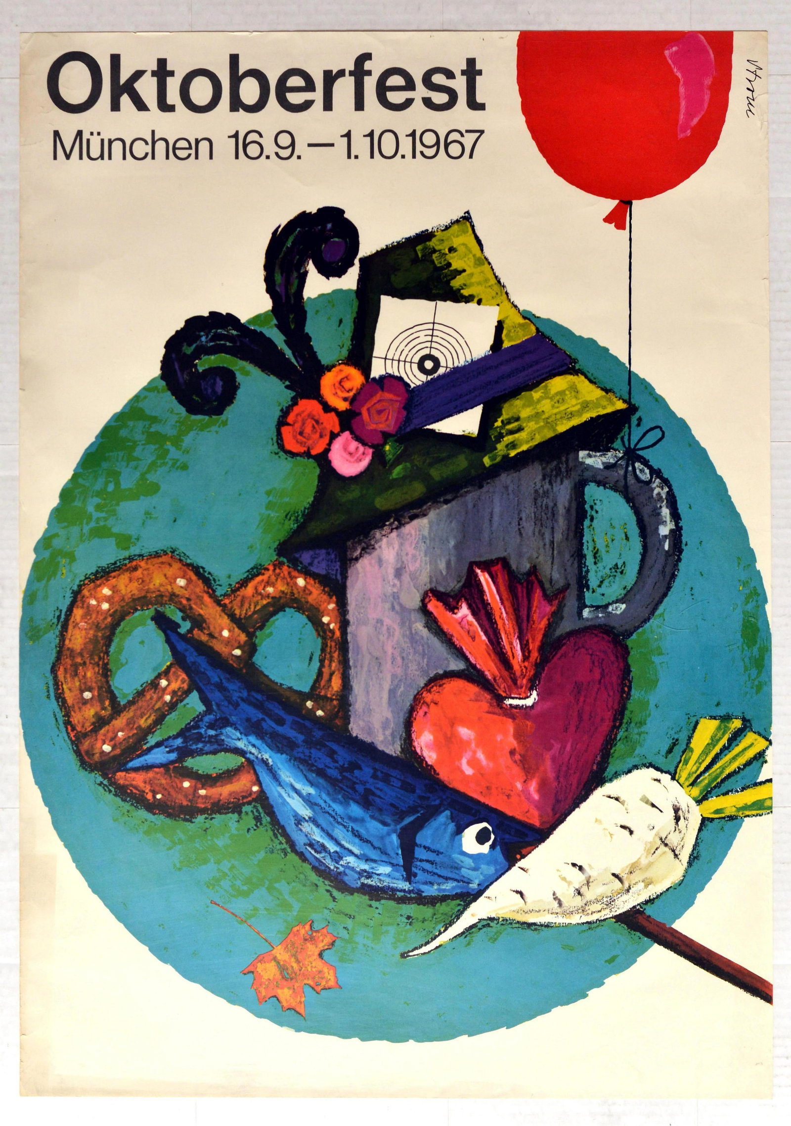 Advertising Poster Oktoberfest Munich Germany Beer: Original vintage travel poster promoting Oktoberfest in Munich Germany, 16 September - 1 October, 1967. Fun image of a beer mug with a traditional Bavarian hat, pretzel, smoked fish and vegetable on a
