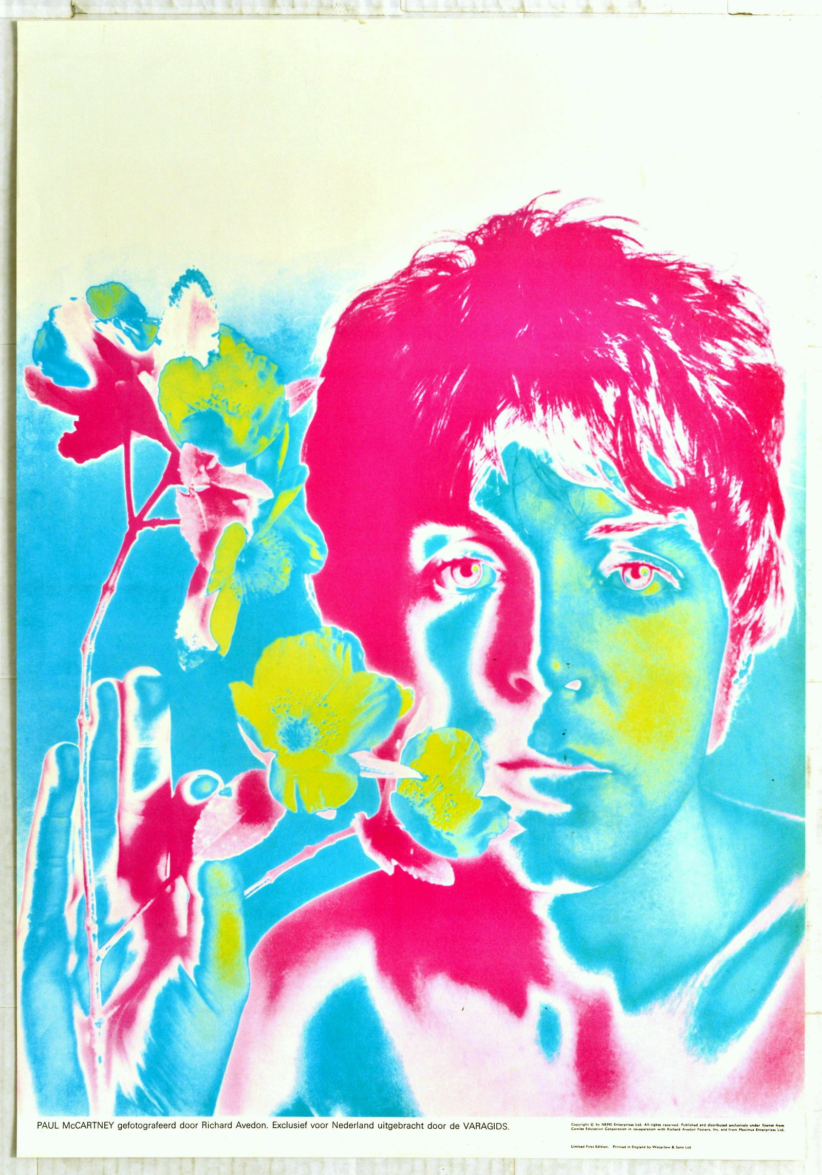 Advertising Poster Beatles Paul McCartney Avedon: Original vintage poster for The Beatles featuring an iconic psychedelic Pop Art style image of Paul McCartney (James Paul McCartney; b.1942) holding flowers in one hand. Solarized photo by the America