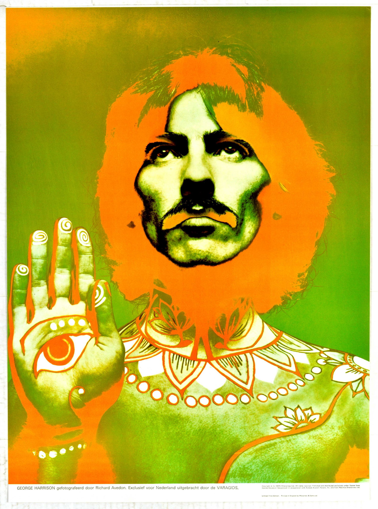 Advertising Poster Beatles George Harrison Avedon: Original vintage poster for The Beatles featuring an iconic psychedelic Pop Art style image of George Harrison (1943-2001) with henna patterns on his hand and body. Solarized photo by the American art