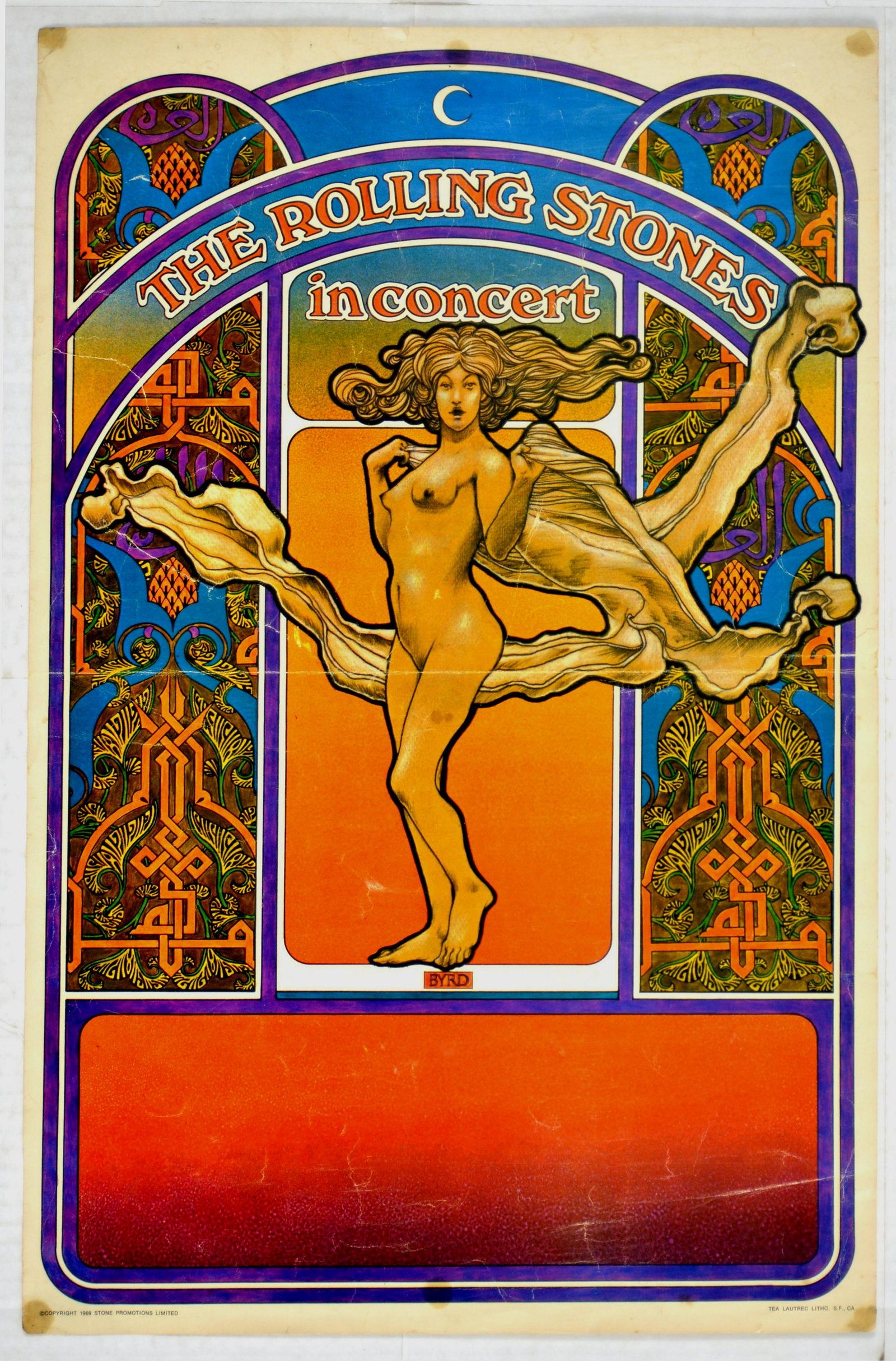 Advertising Poster Rolling Stones Byrd 1969: Original vintage rock concert poster for The Rolling Stones in Concert world tour 1969-1970. Colourful music poster featuring an Art Nouveau style figure against an Islam Art style background with a m