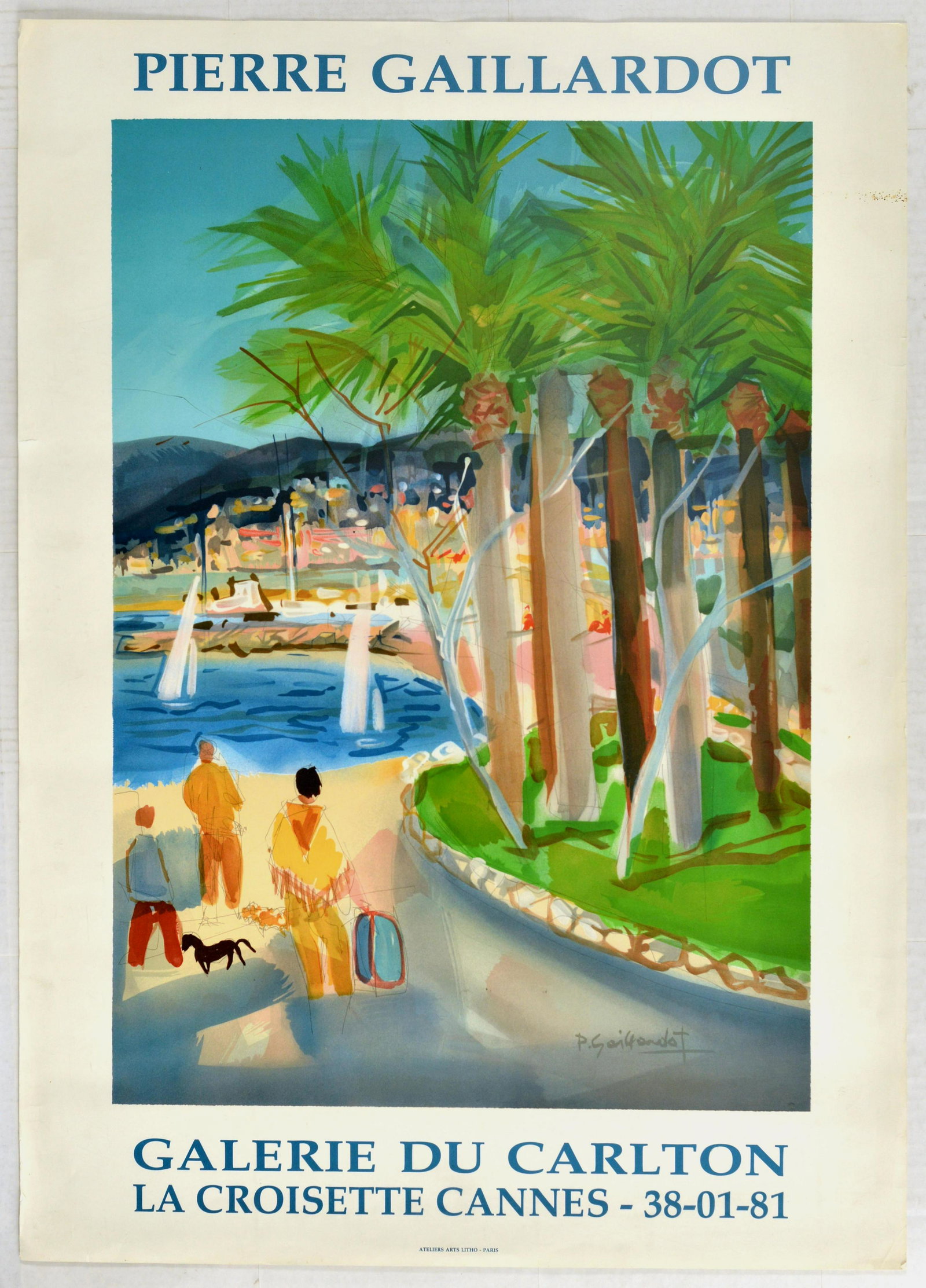 Advertising Poster Pierre Gaillardot La Croisette: Original vintage advertising poster for an exhibition of artwork by Pierre Gaillardot taking place at Galerie Du Carlton La Croisette Cannes - Great artwork by Pierre Gaillardot (1910-2002) features a