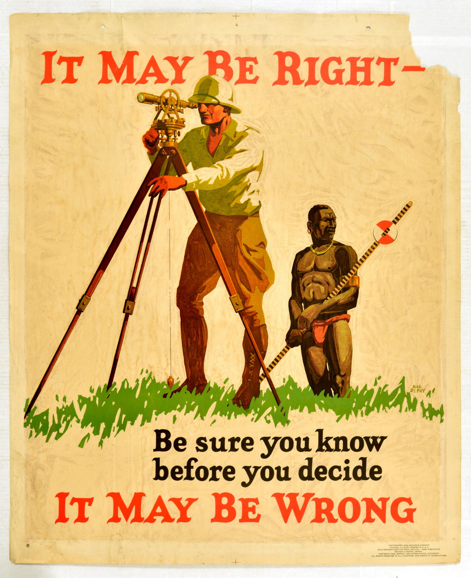 Propaganda Poster It May Be Right It May Be Wrong: Original vintage propaganda poster titled 'It May Be Right, It May Be Wrong - Be sure you know before you decide', with an artwork of a man surveying with a theodolite on a tripod, accompanied by anot