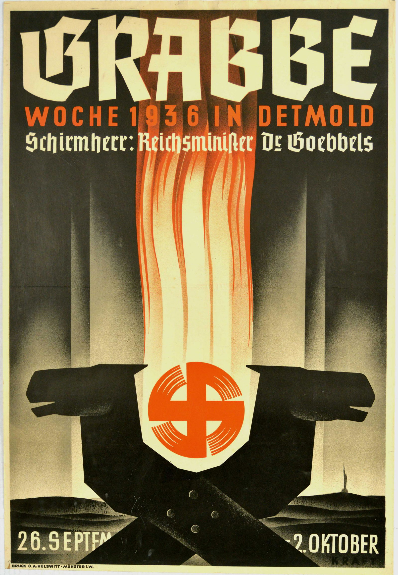 Propaganda Poster NSDAP Grabbe Week Goebels Nazi: Original vintage propaganda poster issued in the Nazi Germany - Grabbe-Woche in Detmold vom 26.09. - 2.10.1936. Schirmherr Reichsminister Dr Goebbels - Grabbel - week in Detmold. Sponsor Reichsministe