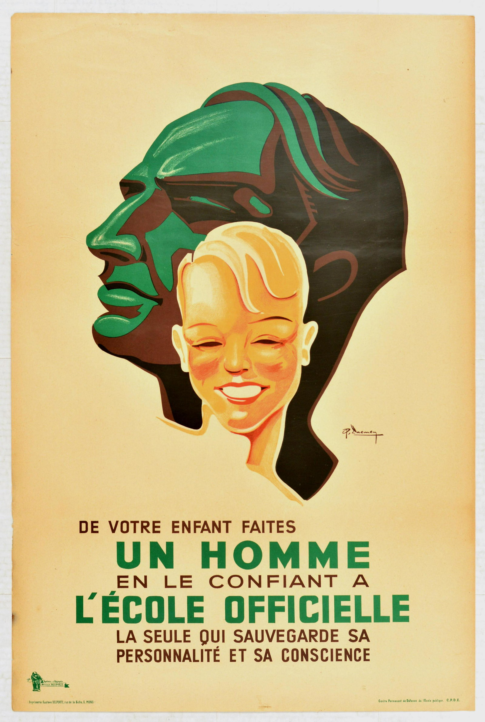 Propaganda Poster Education Belgium Art Deco: Original vintage propagand poster promoting public schools. Strong Art Deco image of a smiling child with a profile of a stern adult behind him with text: De votre enfant faites un homme en le confian
