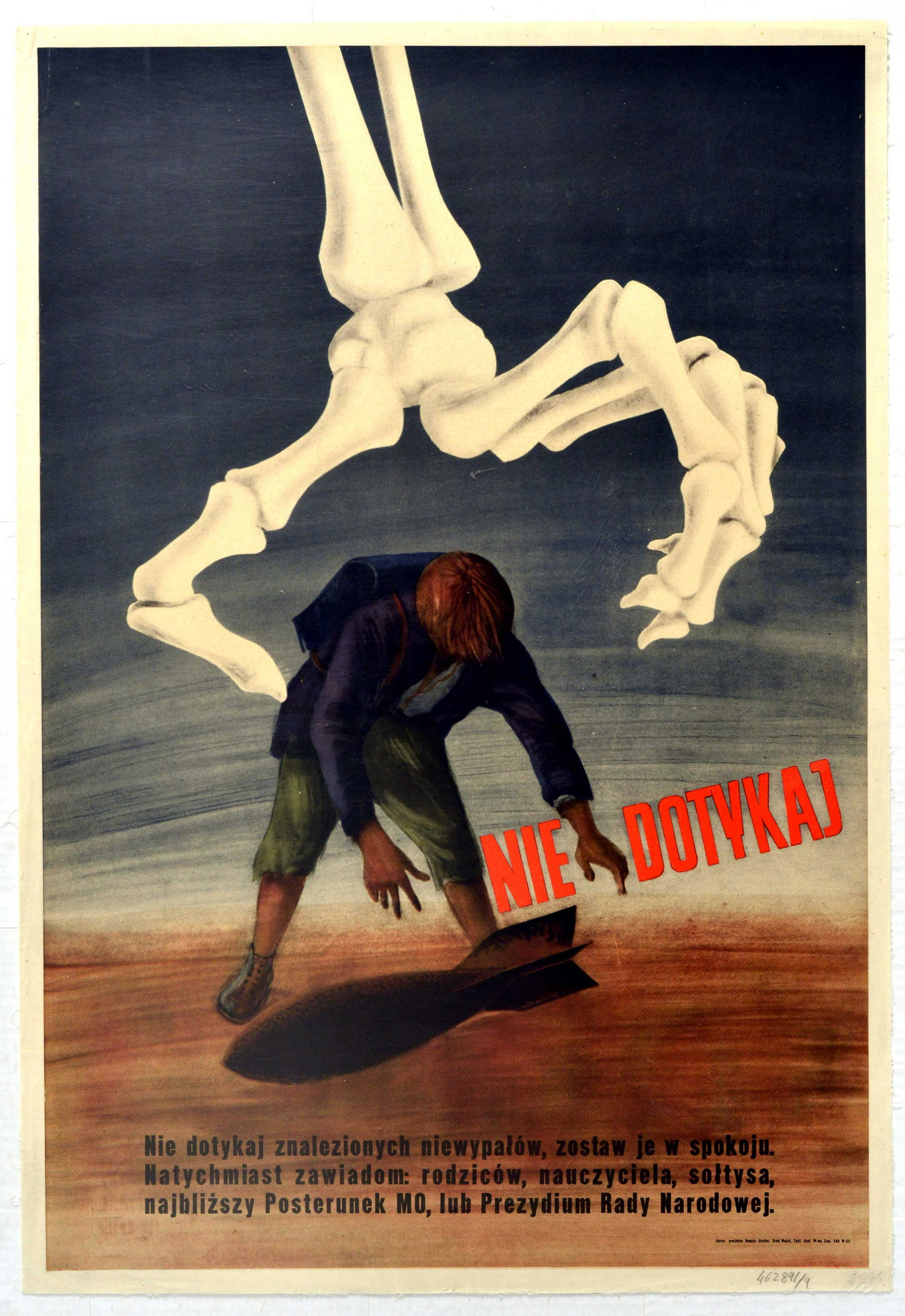 Propaganda Poster Nie Dotykaj Do Not Touch Bomb Warning: Original vintage Polish propaganda poster - Nie Dotykaj / Do Not Touch - featuring a dramatic image showing a schoolboy about to pick up an unexploded bomb with the bold red warning lettering on eithe