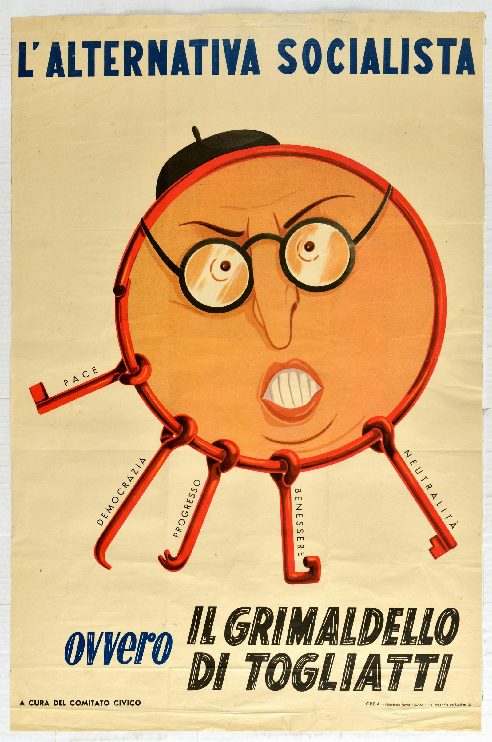 Propaganda Poster Socialist Alternative Election: Original vintage anti Communist 1953 Italian election propaganda poster - The Socialist Alternative issued By the civic committee / L'Alternativa Socialista ovvero il grimaldello di togliatti A cura d