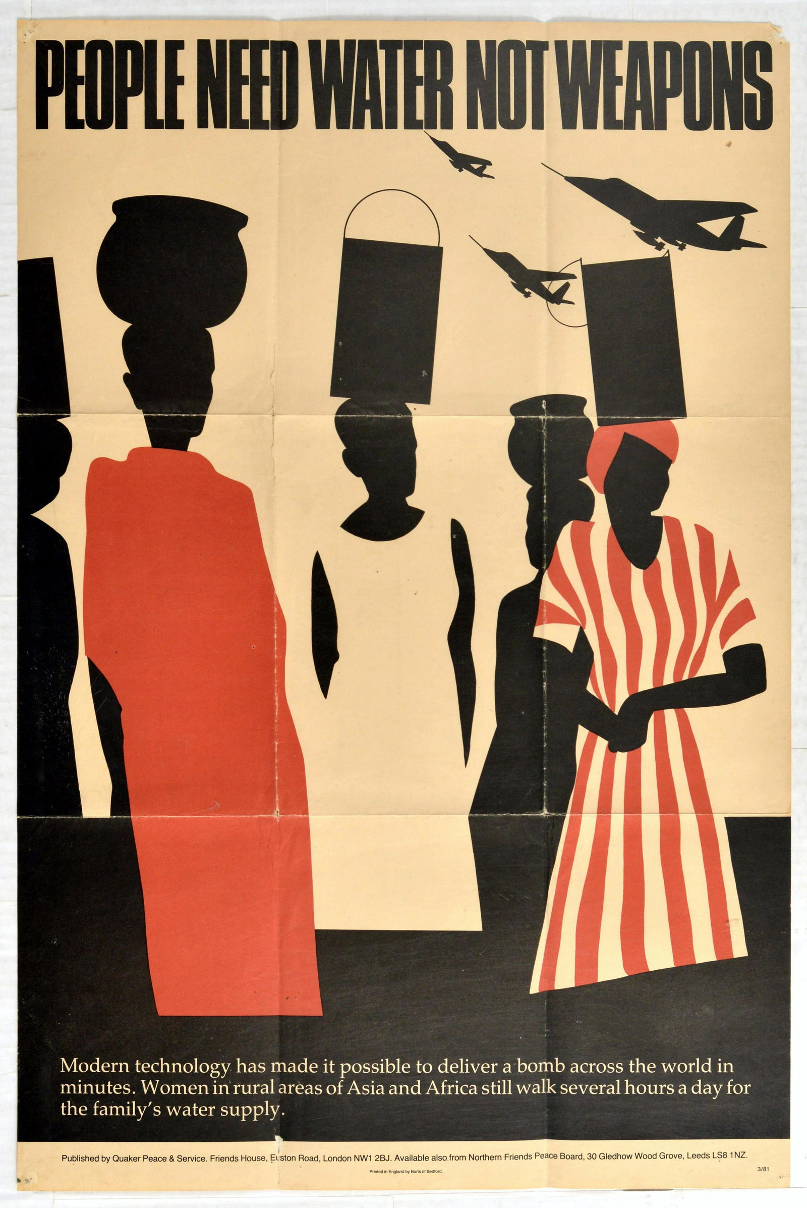Propaganda Poster People Need Water Not Weapons Africa: Original vintage poster - People Need Water Not Weapons - featuring a great design depicting silhouettes of people in red white and black carrying pots and buckets of water on their heads with fighter