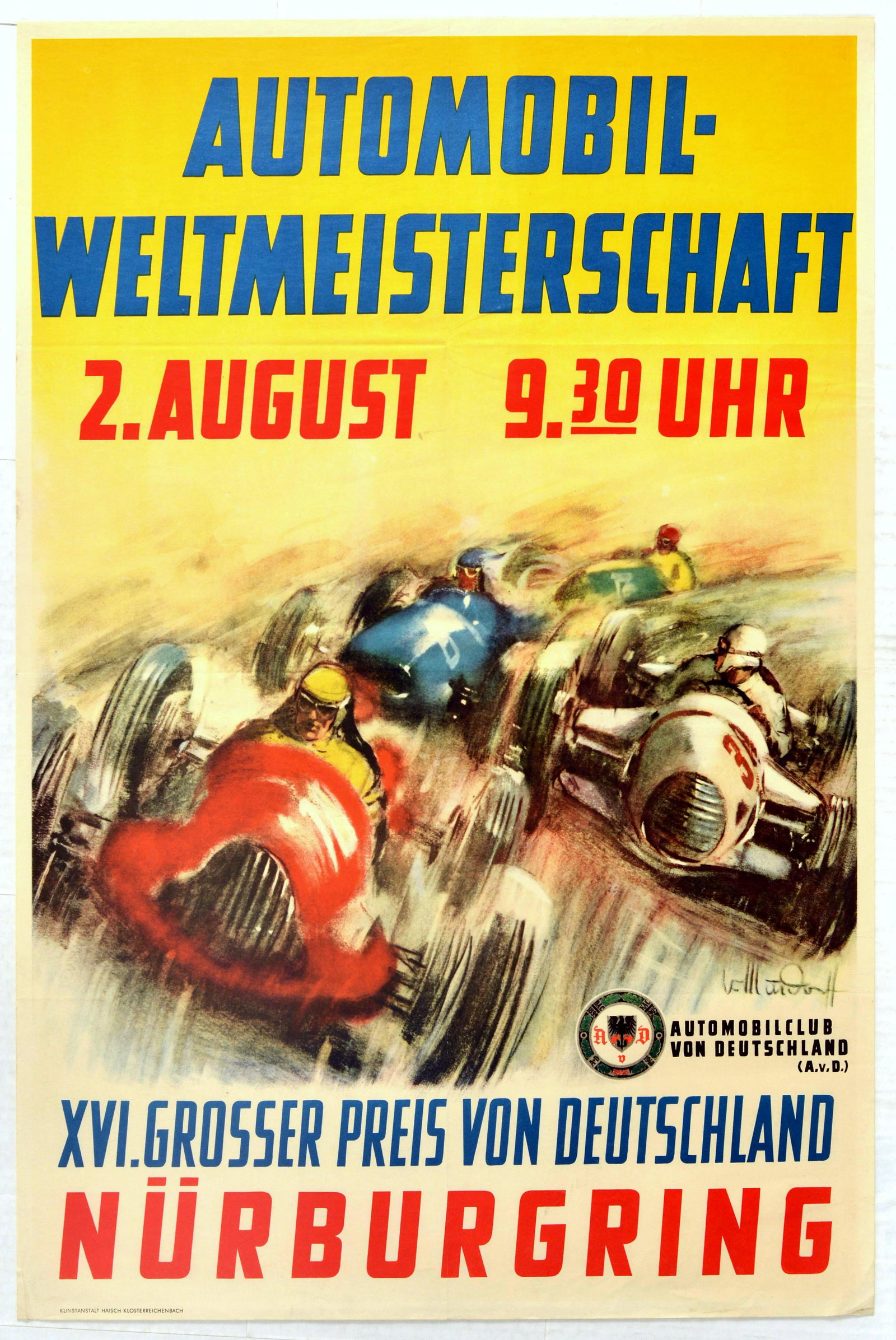Sport Poster German Grand Prix World Cup Formula 1: Original vintage F1 motor sport poster advertising the Automobil-Weltmeisterschaft XVI. Grosser Preis Von Deutschland NÃ¼rburgring / Automobile World Cup XVI Grand Prix of Germany held at the Nurbur