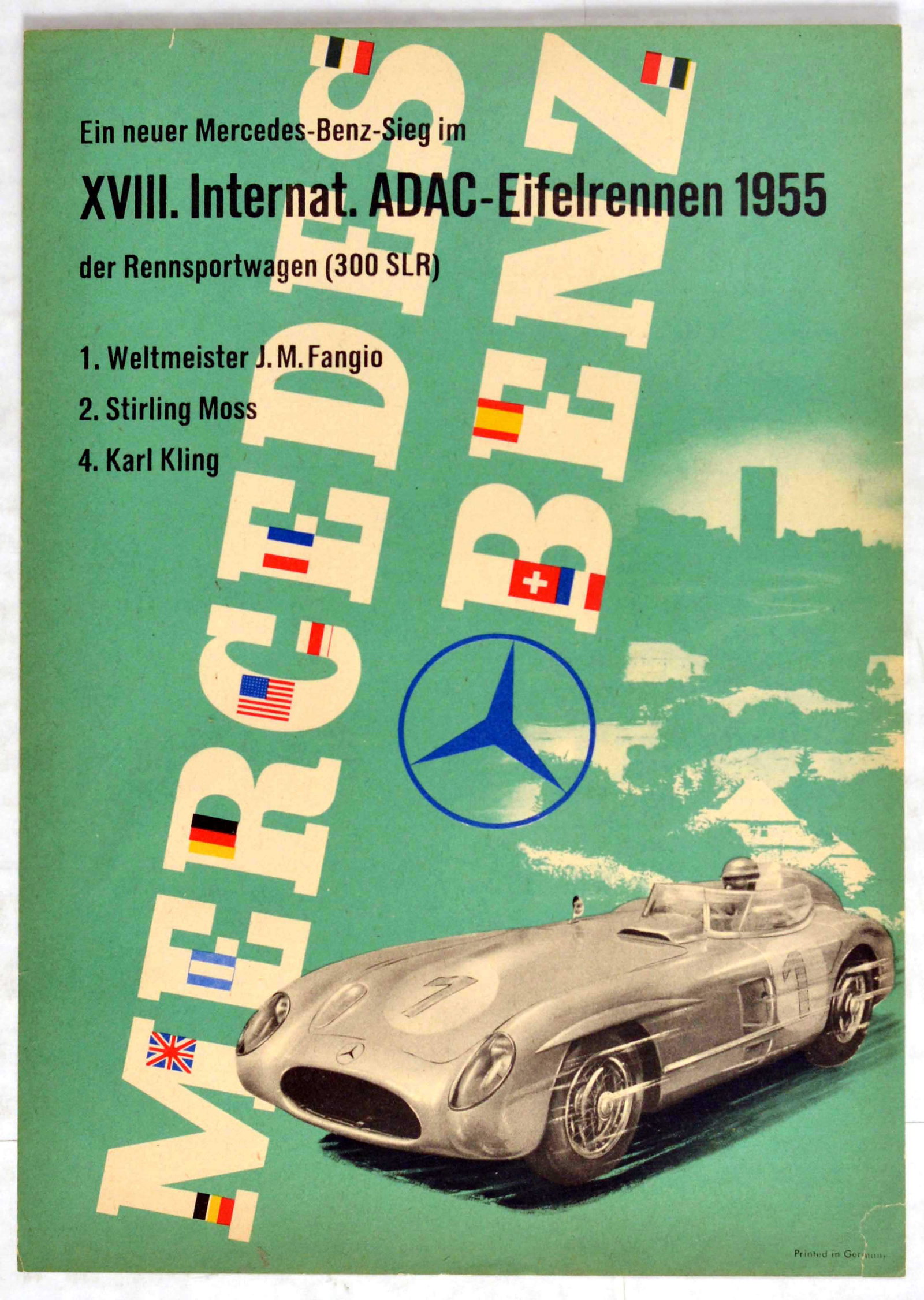 Sport Poster Mercedes Benz 1955 ADAC Grand Prix Formula: Original vintage Grand Prix sport advertising poster for the new Mercedes Benz victories at the XVIII International ADAC Eiffelrennen 1955 racing event for sports cars / Ein neuer Mercedes Benz Sieg i
