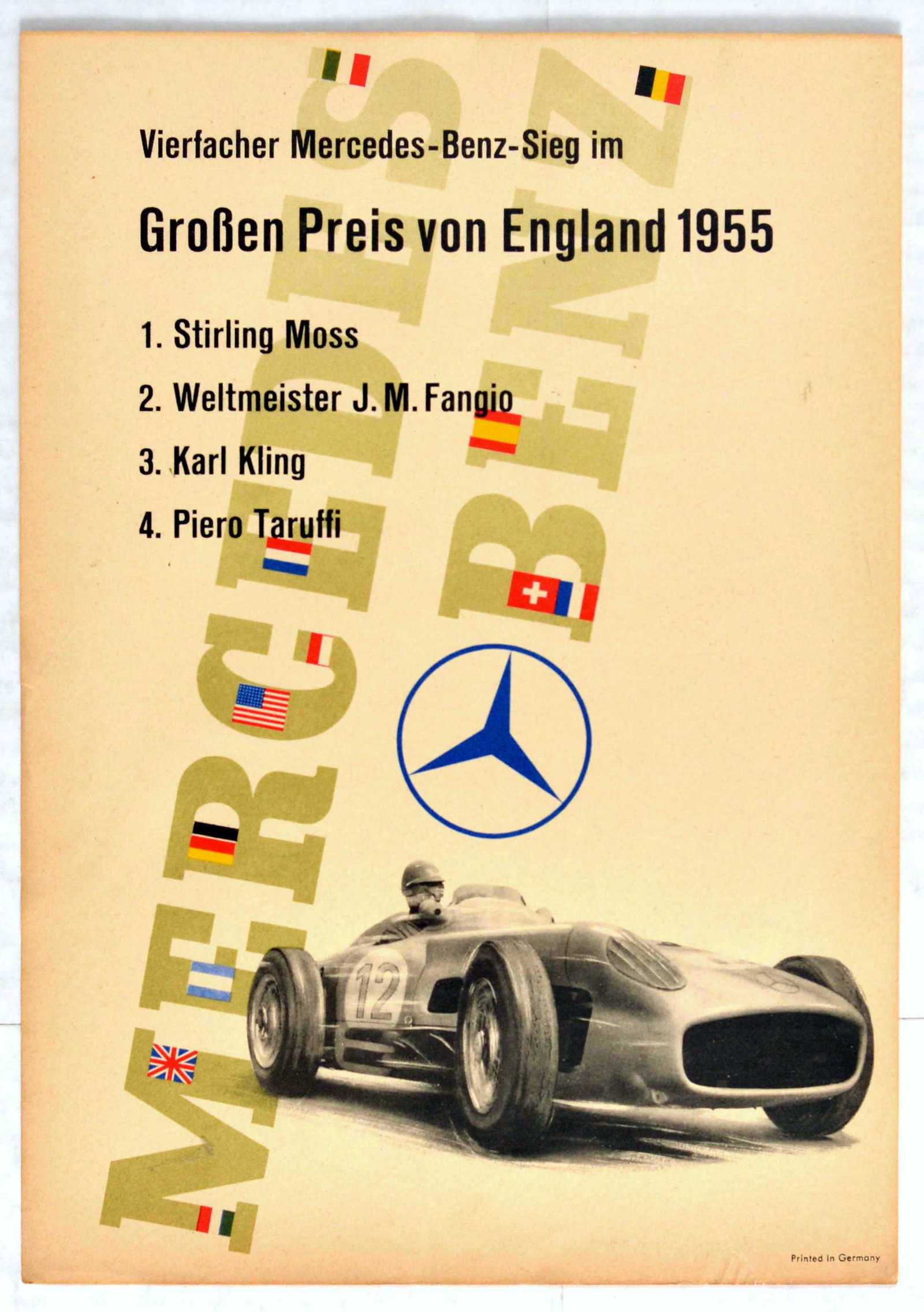 Sport Poster Mercedes Benz 1955 British Grand Prix: Original vintage poster published in German by Mercedes Benz to celebrate the four wins of its drivers at the 1955 British Grand Prix Vierfacher Mercedes-Benz-Sieg im Grossen Preis von England 1955 1.