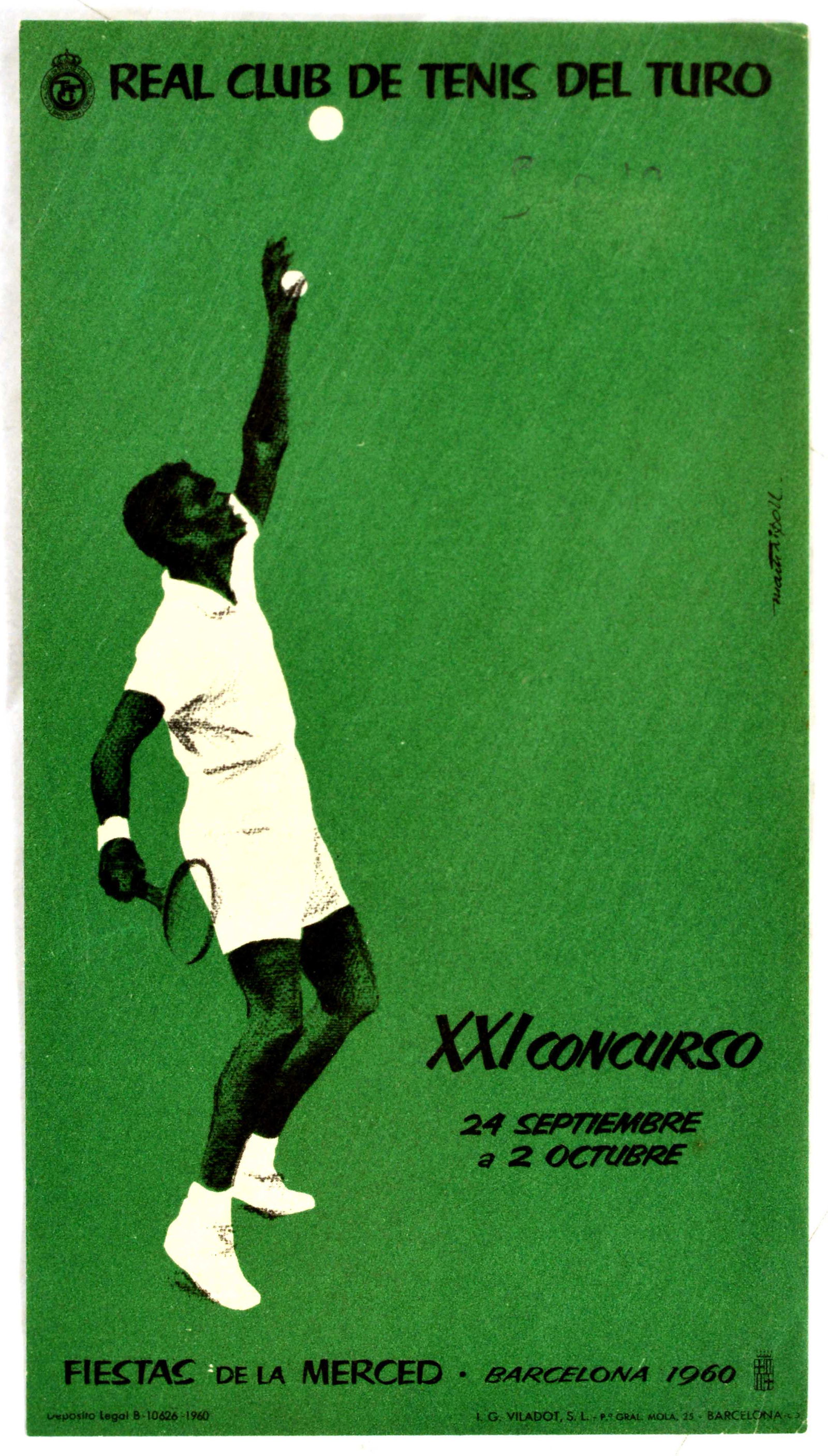 Sport Poster Real Club De Tennis Del Turo Tennis: Original vintage sport poster for the Real Club de Tenis del Turo XXI Concurso Internacional 24 Septiembre a 2 Octubre Fiestas de las Merced Barcelona 1960 international tennis tournament featuring a 