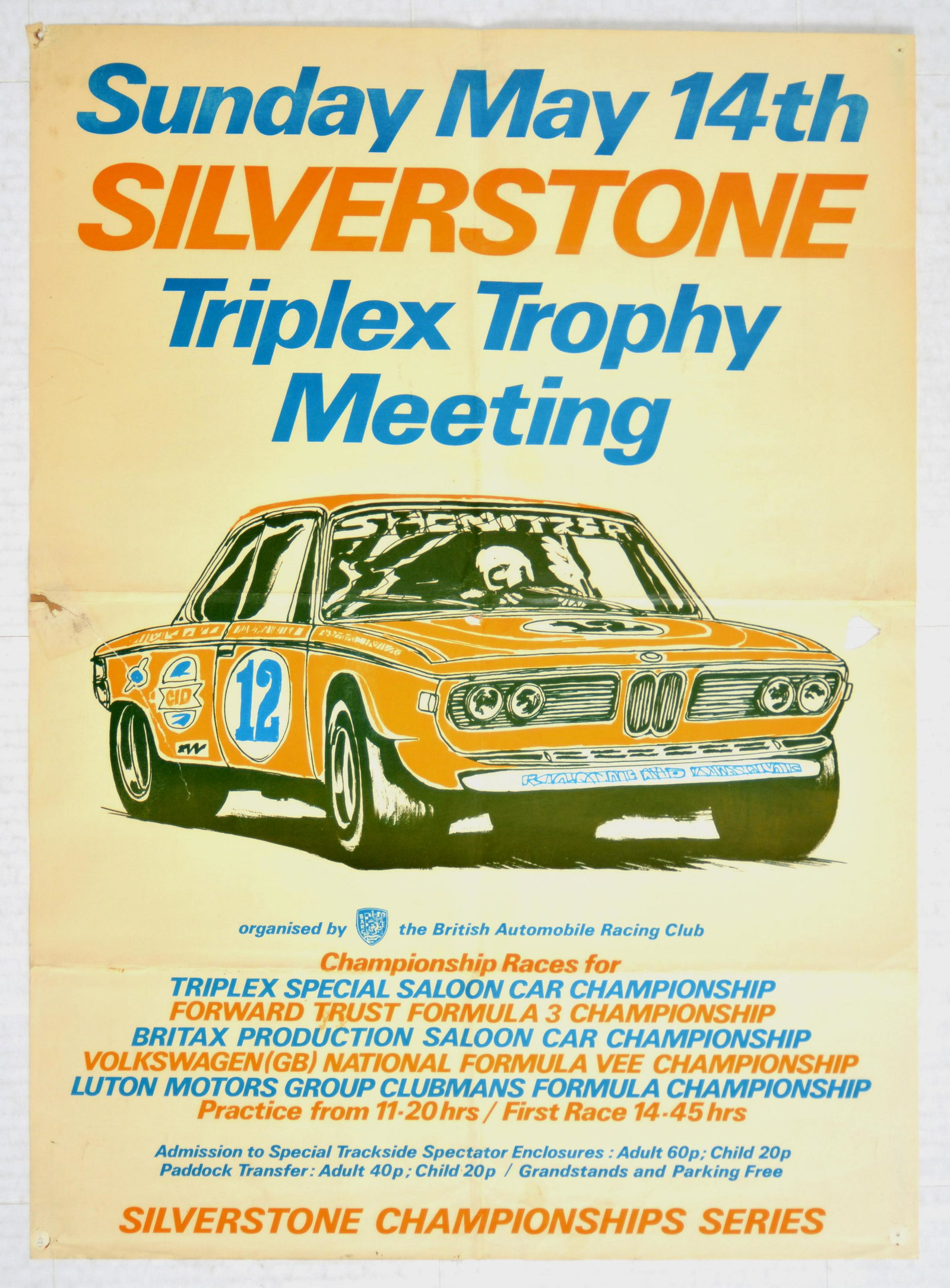 Sport Poster Silverstone Triplex Trophy Car Racing BARC: Original vintage sport poster for a car race at Silverstone on 14th May, 1972 - Triplex Trophy Meeting. The event was organised by the British Automobile Racing Club (BARC) and included saloon cars, F