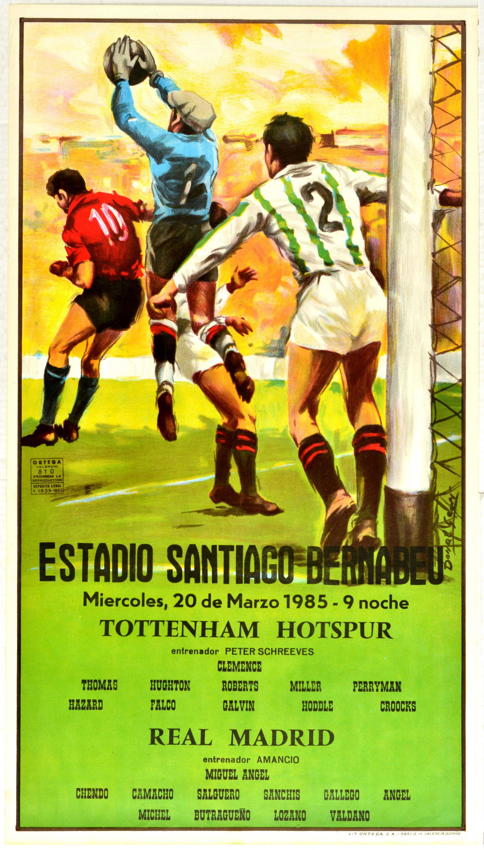 Sport Poster Football Tottenham Hotspur Real Madrid: Original vintage sports poster for a football match Real Madrid vs Tottenham Hotspur on 20 March 1985 at Santiago Bernabeu Stadium in Madrid. The match was for UEFA Cup, 4th round, 2nd leg and ended i