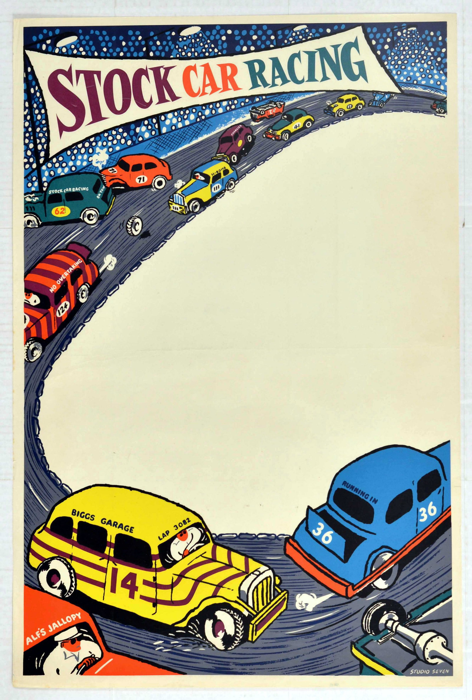 Sport Poster Stock Car Racing: Original vintage motor sport poster for Stock Car Racing featuring colourful patterned cars driving around an oval track below a benner with stylised lettering. Each car is decorated differently and h
