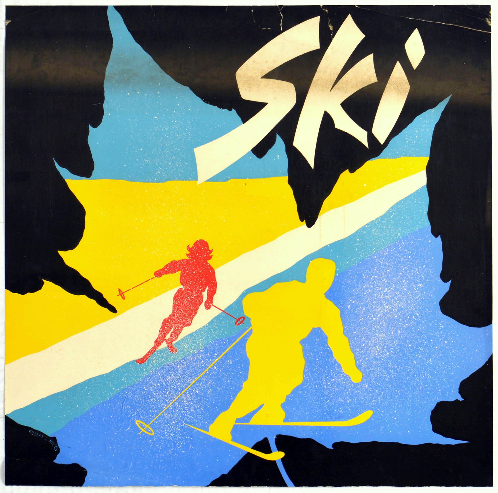 Sport Poster Ski Skiers Canada Robert Wilson: Original vintage silkscreen poster Ski designed by Robert Wilson. Great image of two skiers skiing in the outline of a maple leaf. The poster most likely advertises Canda as a ski destination. Good co