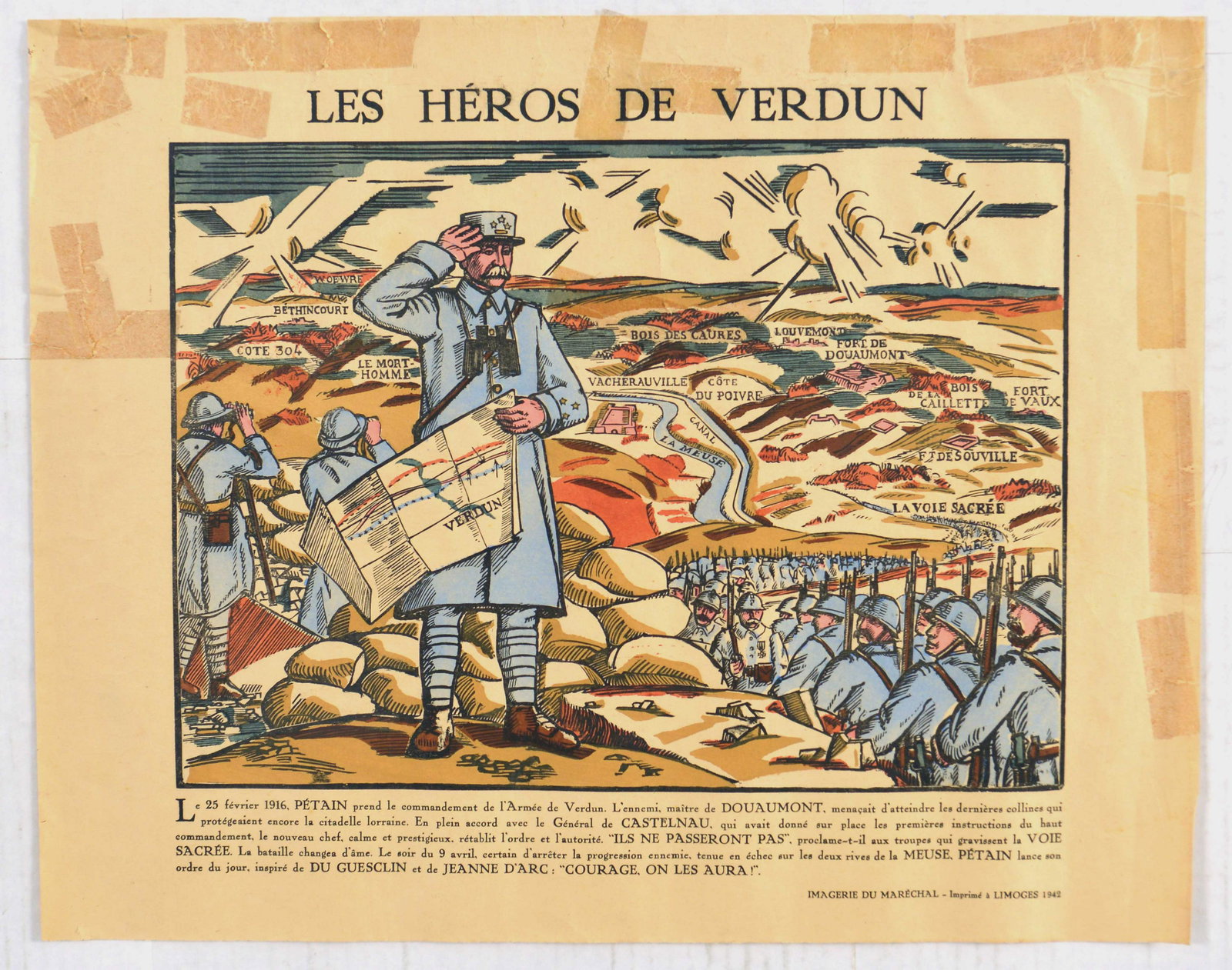 War Poster Verdun Battle Heroes WWI France Petain: Original vintage epinal war propaganda poster issued in France during World War One for the Heroes of the Battle of Verdun. The Battle of Verdun, was fought from 21 February to 18 December 1916 on the
