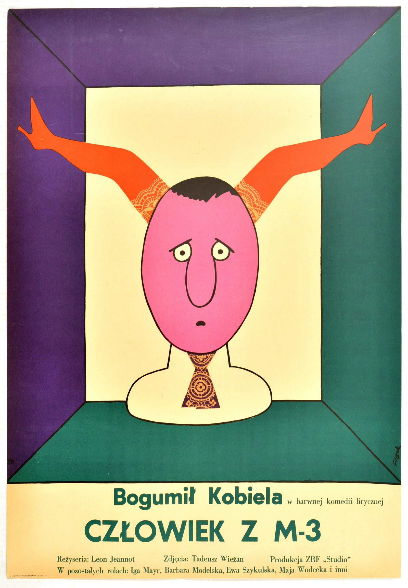 Cinema Poster Czlowiek z M-3 Poland Warsaw Jerzy Flisak: Original vintage movie poster for a Polish comedy Czlowiek z M-3 0 Man from M-3. Fun image of an egghead man in a cube with lady's legs in stocking growing out of his head. The film is a moral comedy