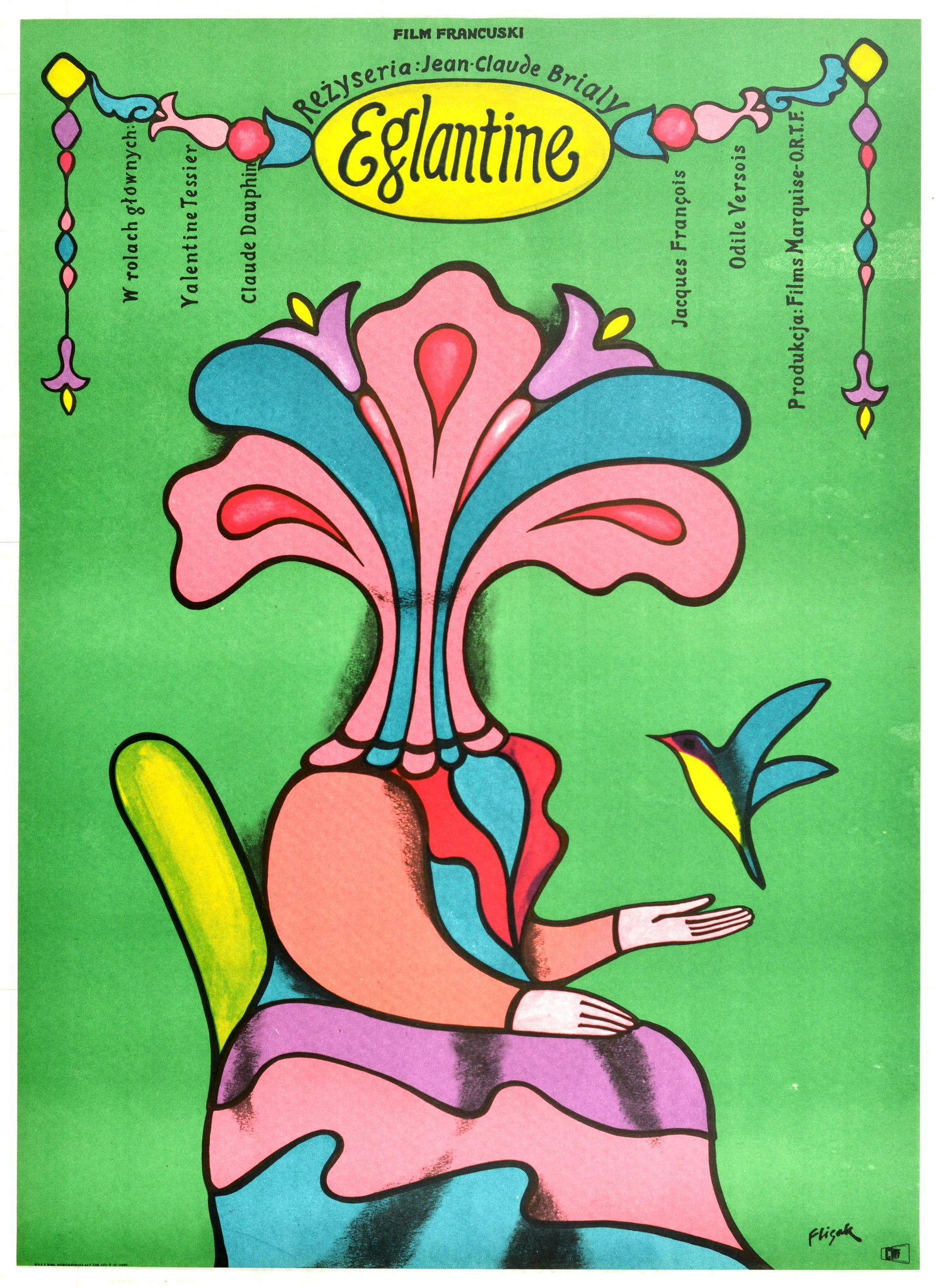 Cinema Poster Eglantine Jerzy Flisak: Original vintage Polish film poster for the French movie Eglantine directed by Jean-Claude Brialy and starring Valentine Tessier, Claude Dauphin, Odile Versois and Jacques FranÃ§ois - Great artwork 
