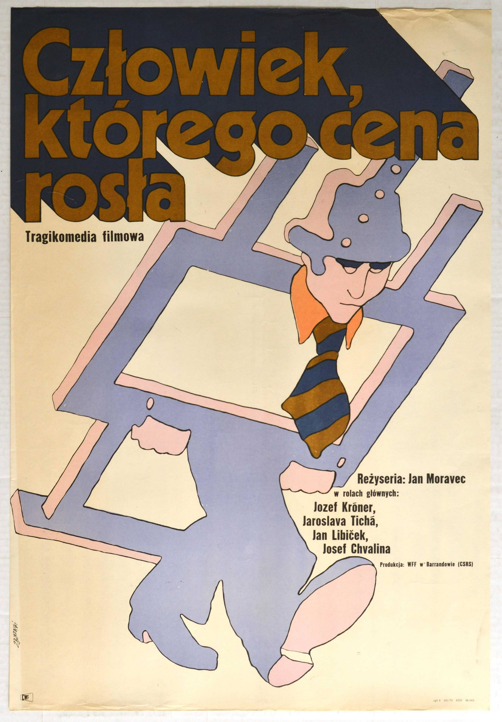 Cinema Poster Czlowiek Ktorego Cena Rosla Tattoo Art: Original vintage movie poster for a Polish release of a Czechoslovak film Muz, ktery stoupl v cene under a title Czlowiek ktorego cena rosla. Image of a man with a body like an artist's easel walking 
