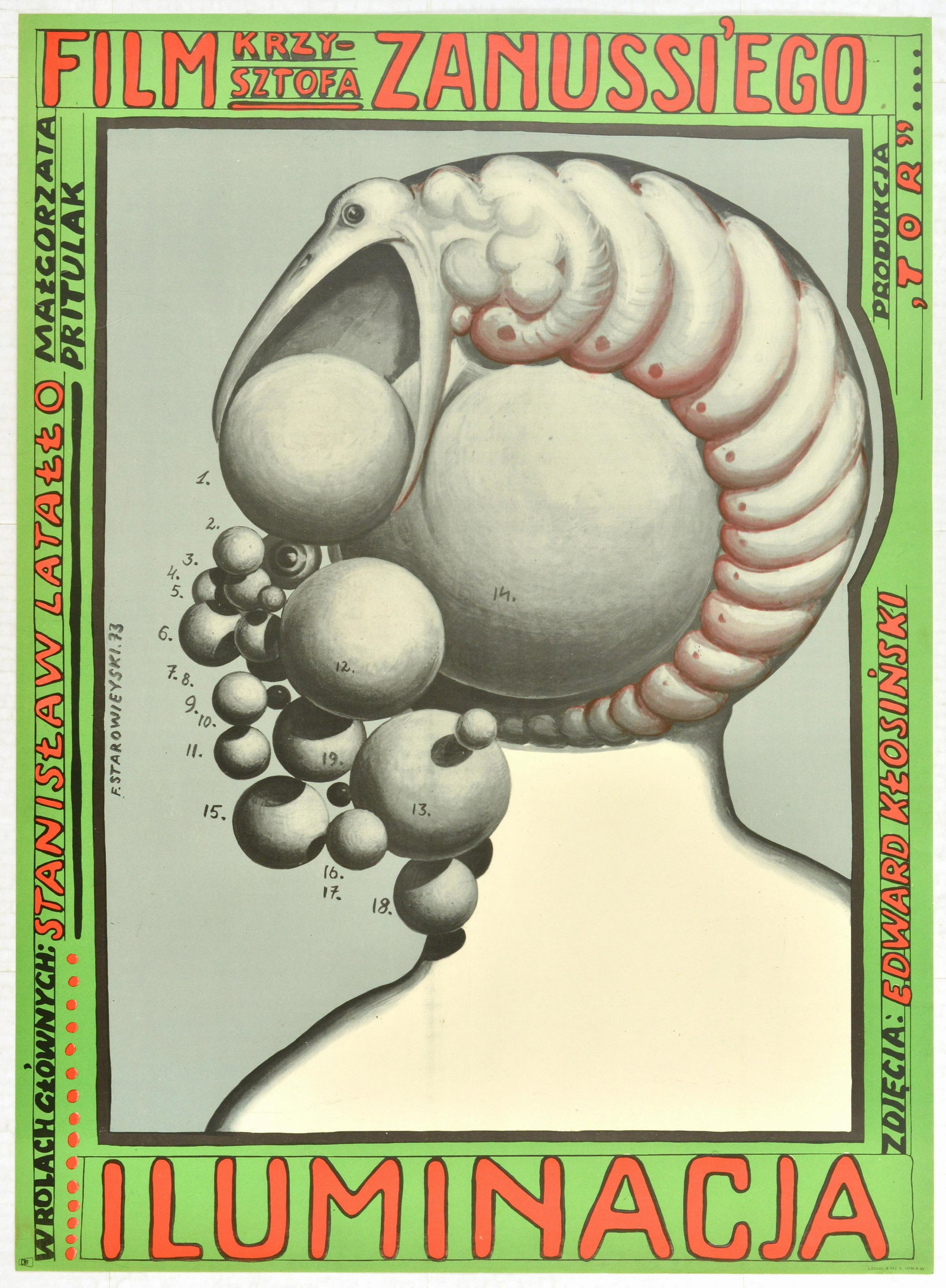Cinema Poster Iluminacja Illumination Starowieyski: Original vintage Polish film poster for Iluminacja / The Illumination - a Polish film of 1973 directed and written by Krzysztof Zanussi and starring Stanislaw Latallo, Monika Dzienisiewicz-Olbrychska,