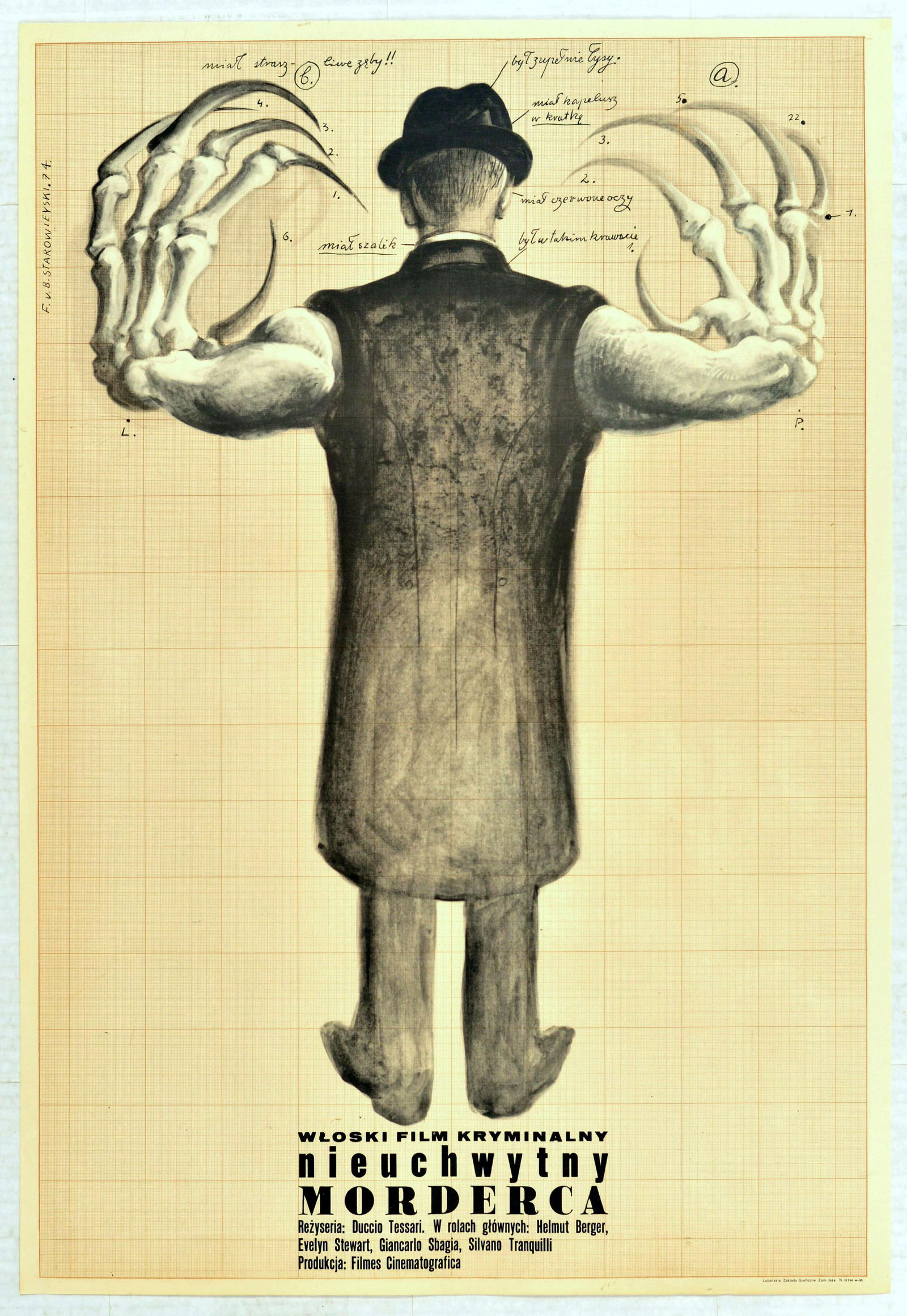 Cinema Poster Nieuchwytny Morderca Crime Poland Italy: Original vintage movie poster for a Polish release of the Italian crime drama Una farfalla con le ali insanguinate under a title Nieuchwytny Morderca. Cool image of the back of a man in a coat and bow