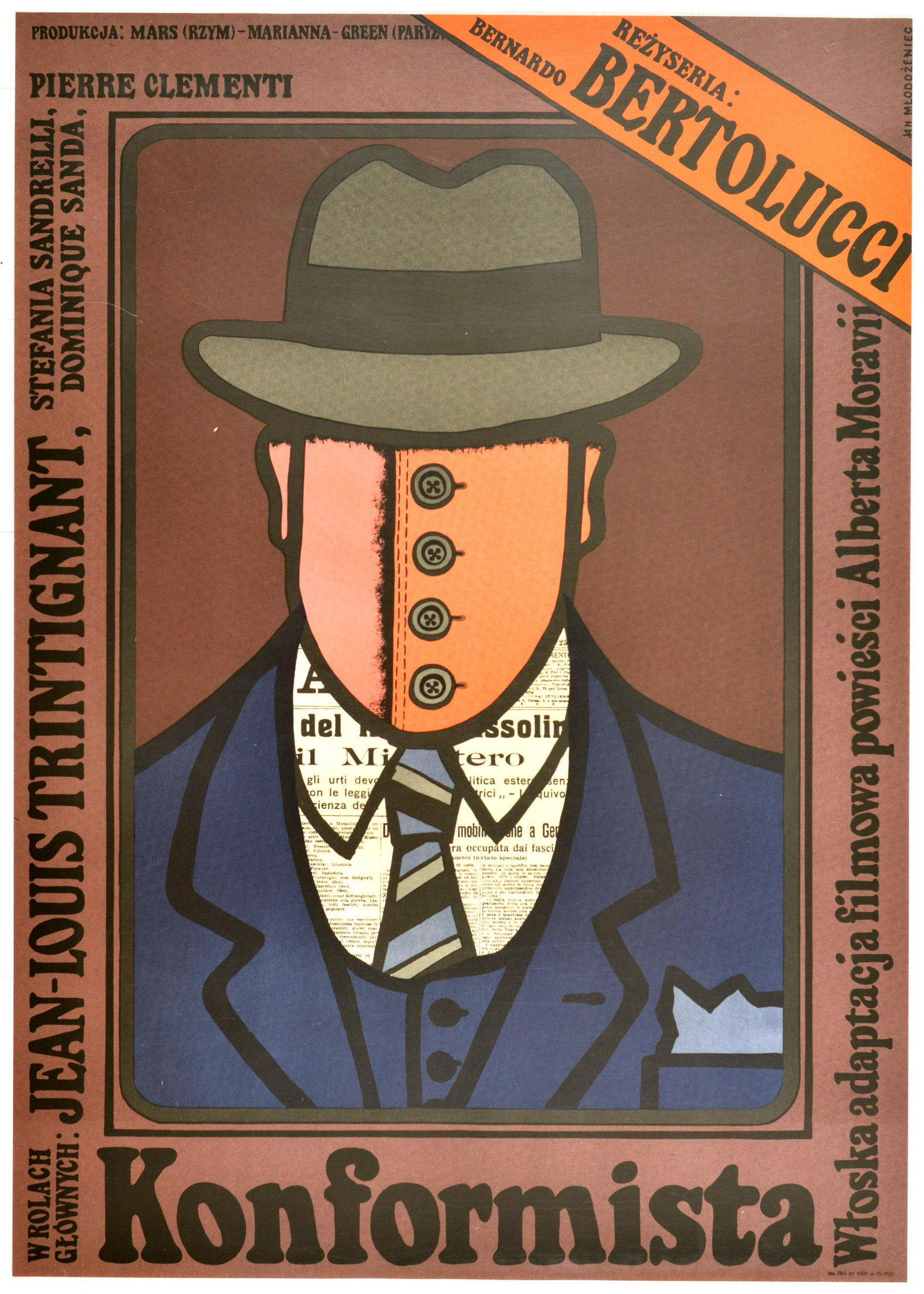 Cinema Poster Conformist Bernardo Bertolucci: Original vintage movie poster for a Polish release of an Italian film Il conformista under a title Konformista. Great image of a portrait of a man wearing a Fedora hat with half of his face covered wi