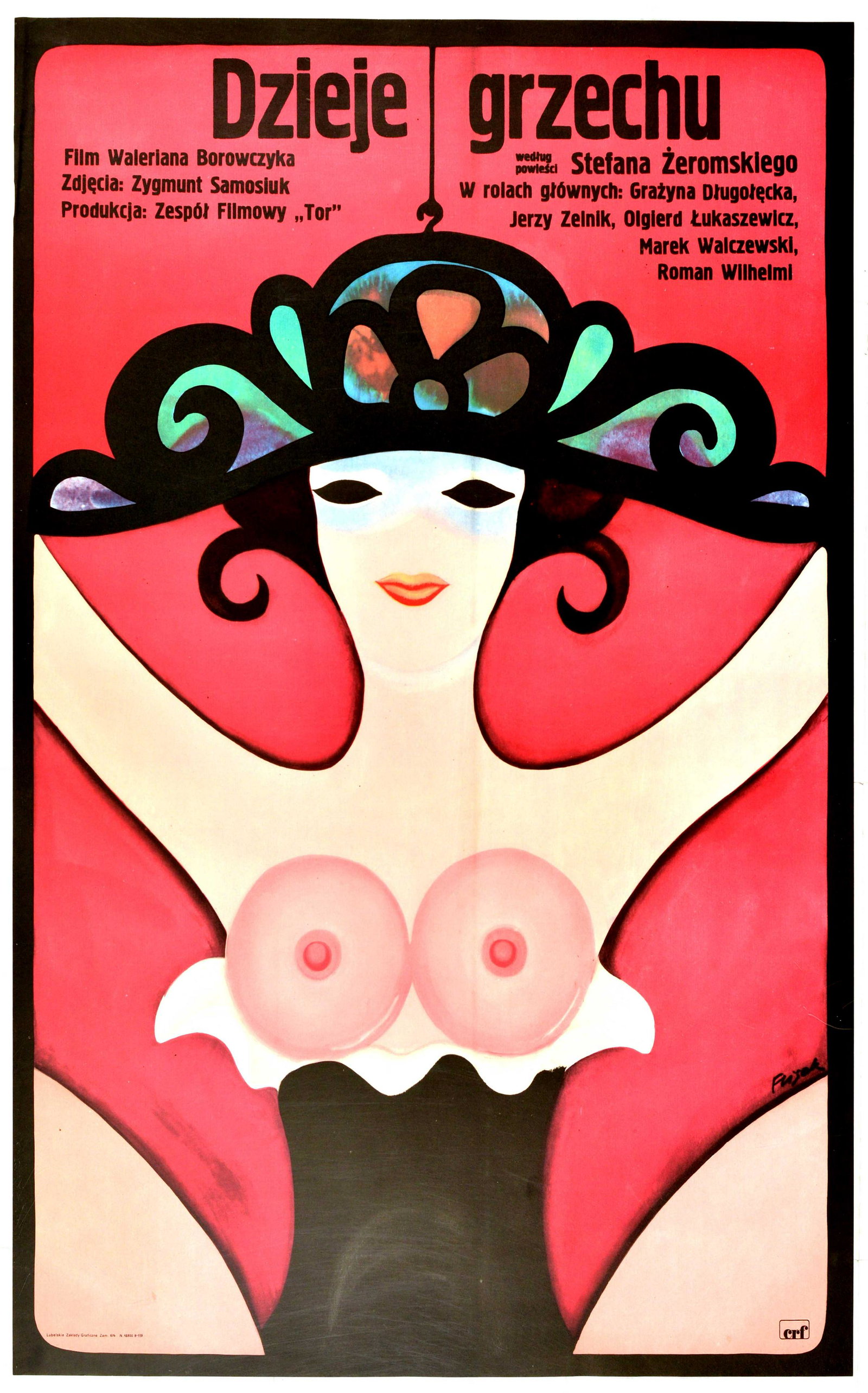 Cinema Poster Dzieje Grzechu Story of Sin Jerzy Flisak: Original vintage movie poster for a Polish drama Dzieje grzechu. Image of a topless young lady in a colourful hat. The Story of Sin (Polish: Dzieje grzechu) is a 1975 Polish drama film directed by Wal