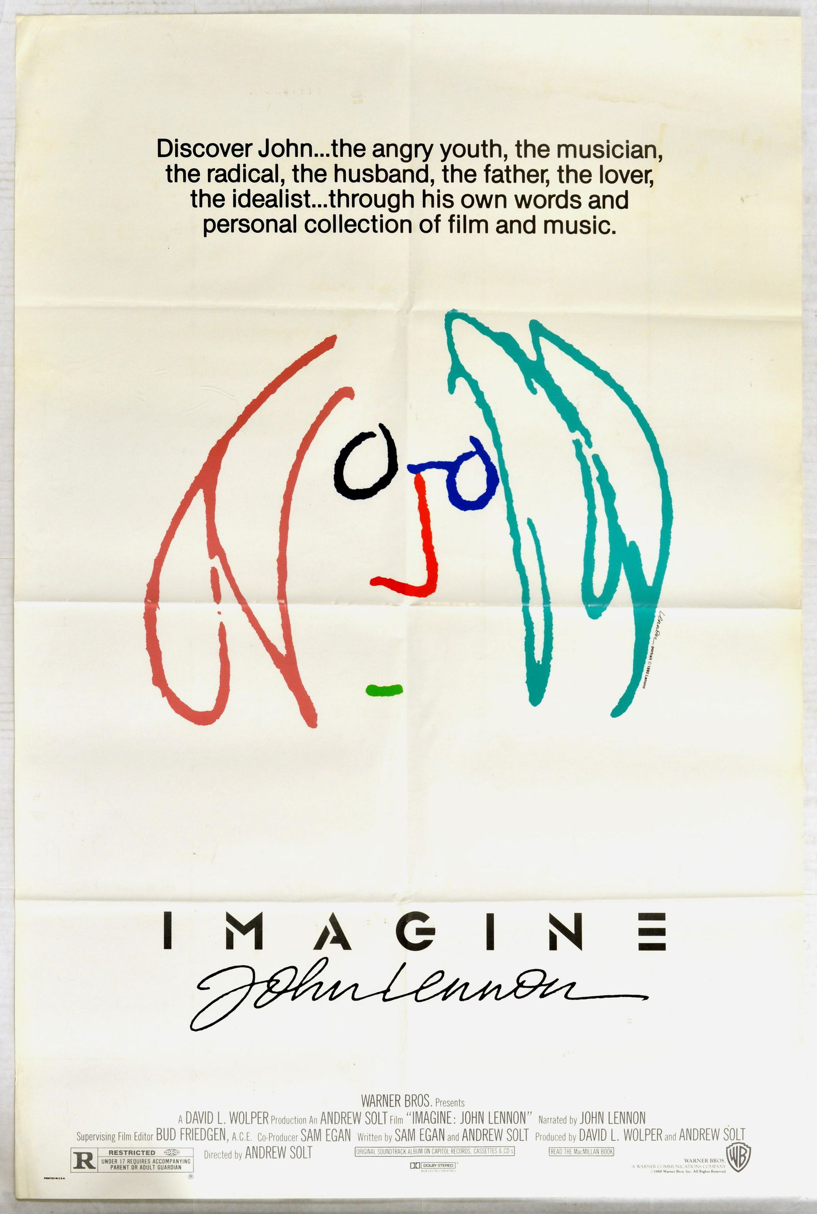 Cinema Poster Imagine John Lennon: Original vintage film poster for Imagine: John Lennon - a 1988 British documentary film about English musician John Lennon - Great simplistic design is a self portrait by Lennon himself on a white bac