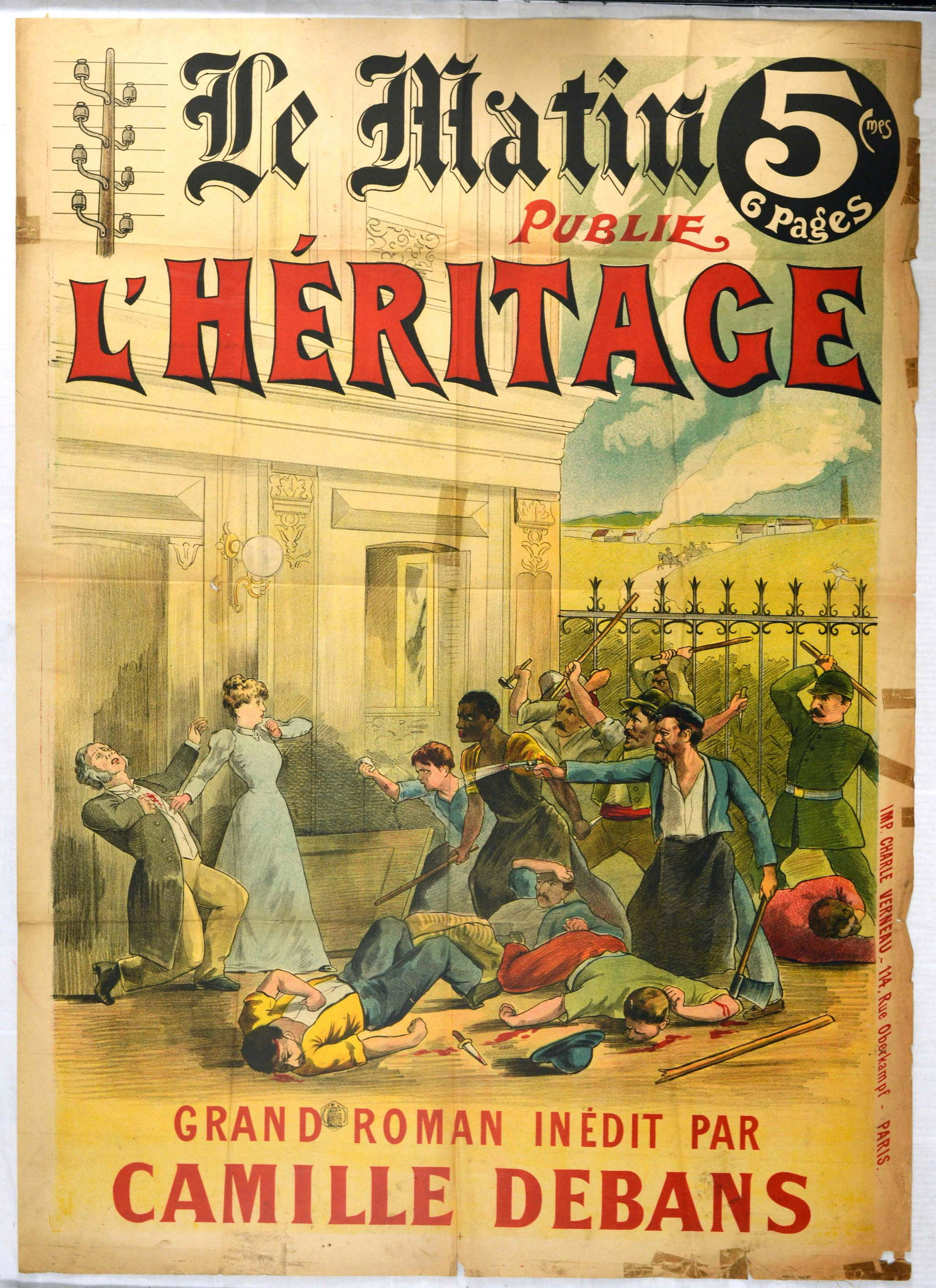 Advertising Poster Le Matin Book Publisher Heritage: Original vintage poster advertising Le Matin Publie -L'Heritage / The Morning Publishes - The Legacy - Grand Roman Inedit By Camille Debans - Great design features an angry mob attacking and killing p