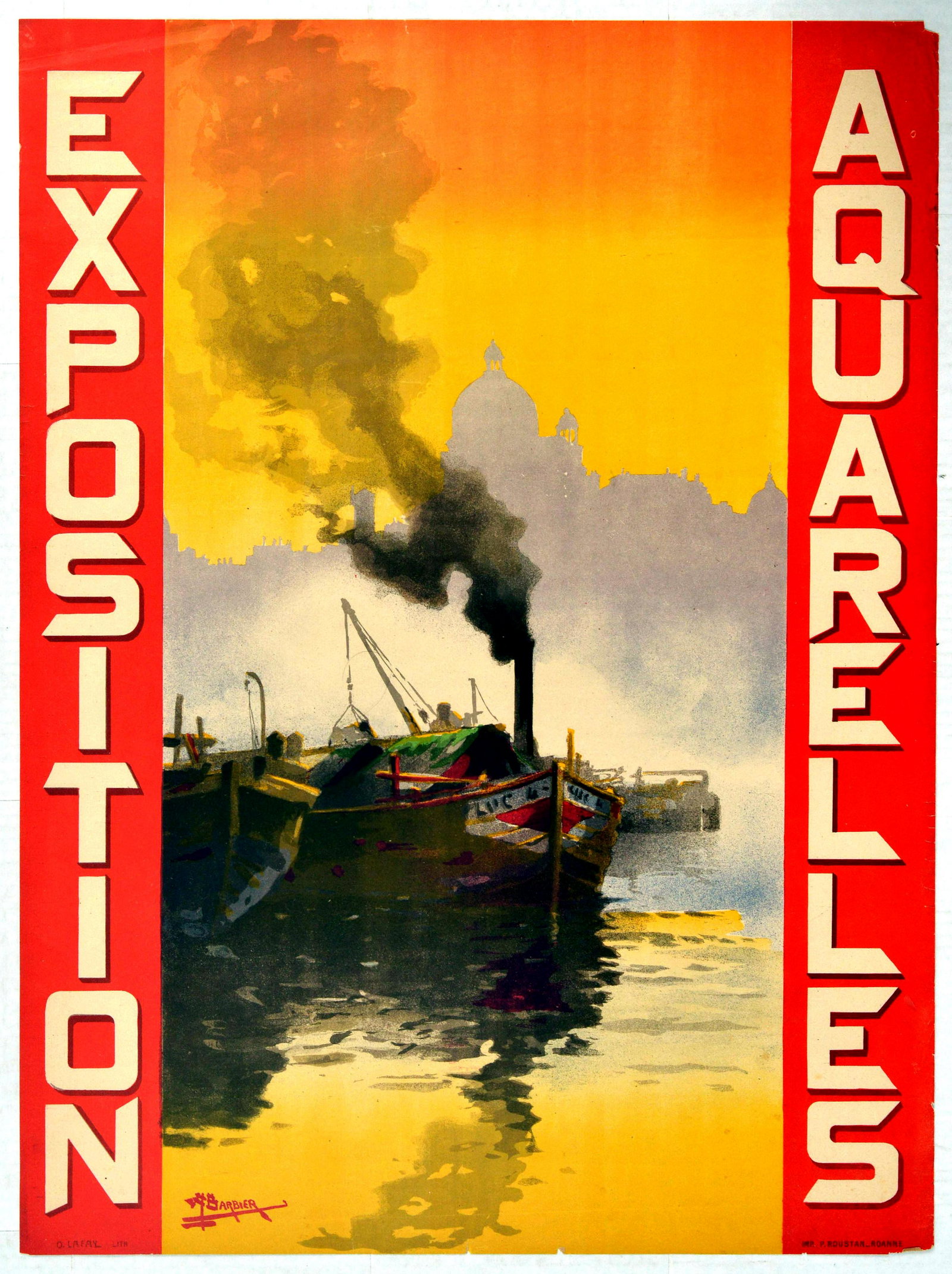 Advertising Poster Exposition Aquarelles â€ªAntoine: Original vintage advertising poster for a Watercolors Exhibition / Exposition Aquarelles - Great artwork features a painting of a boat on a sandy shoreline with black smoke billowing up with a silhoue