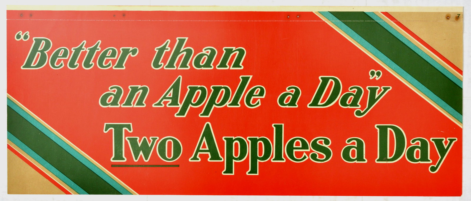 Advertising Poster Healthy Diet Two Apples a Day: Original vintage produce advertising poster with the line Better than an Apple a Day - Two Apples a Day, with bold dark green text against a bold red background. The top right and bottom left corners 