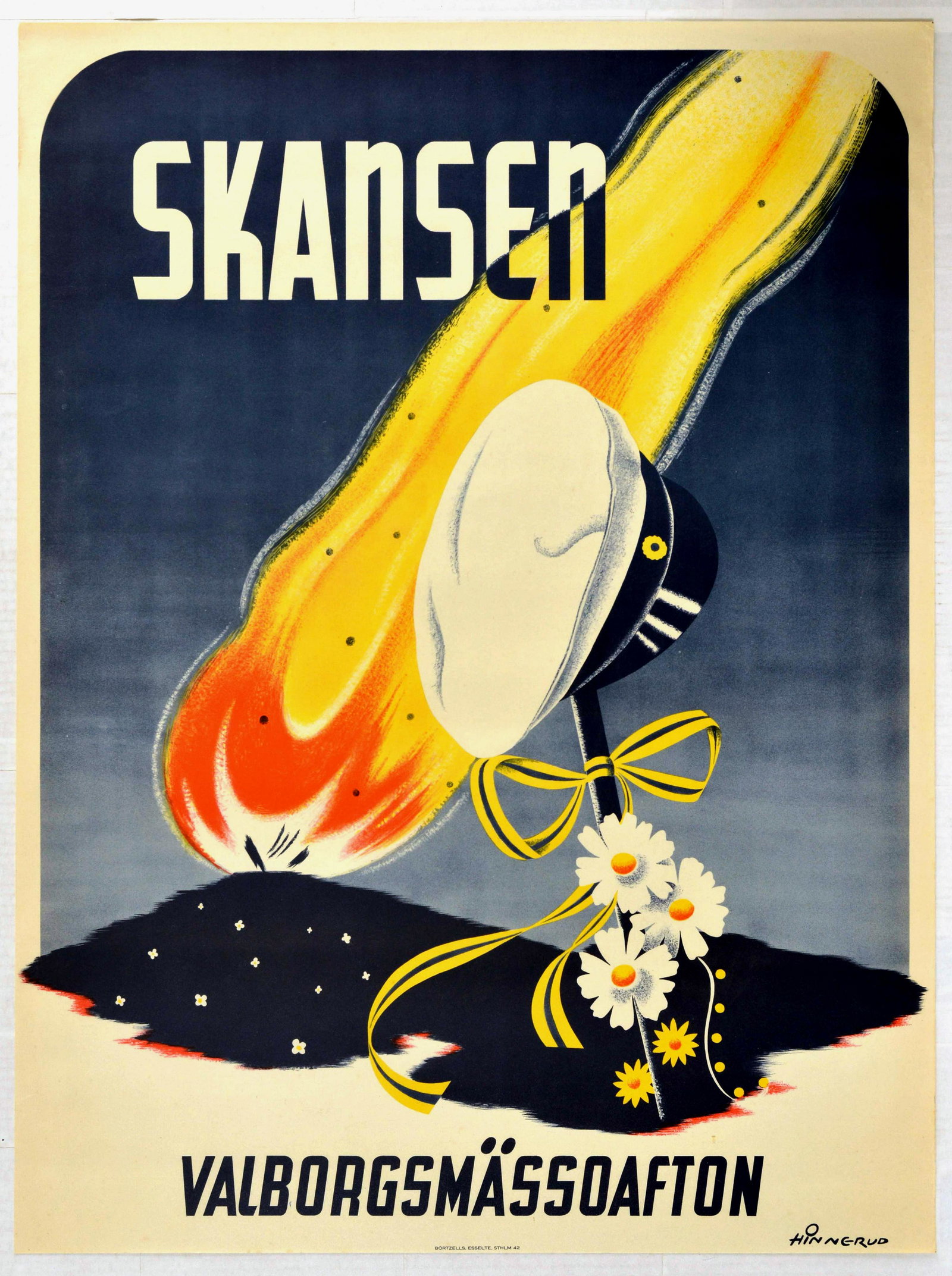 Advertising Poster Skansen Walpurgis Night Sweden: Original vintage advertising poster for the Skansen Valborgsmassoafton - Skansen Wapurgis Night, with an artwork featuring a yellow and orange bonfire flame with a staff holding a naval style cap and 