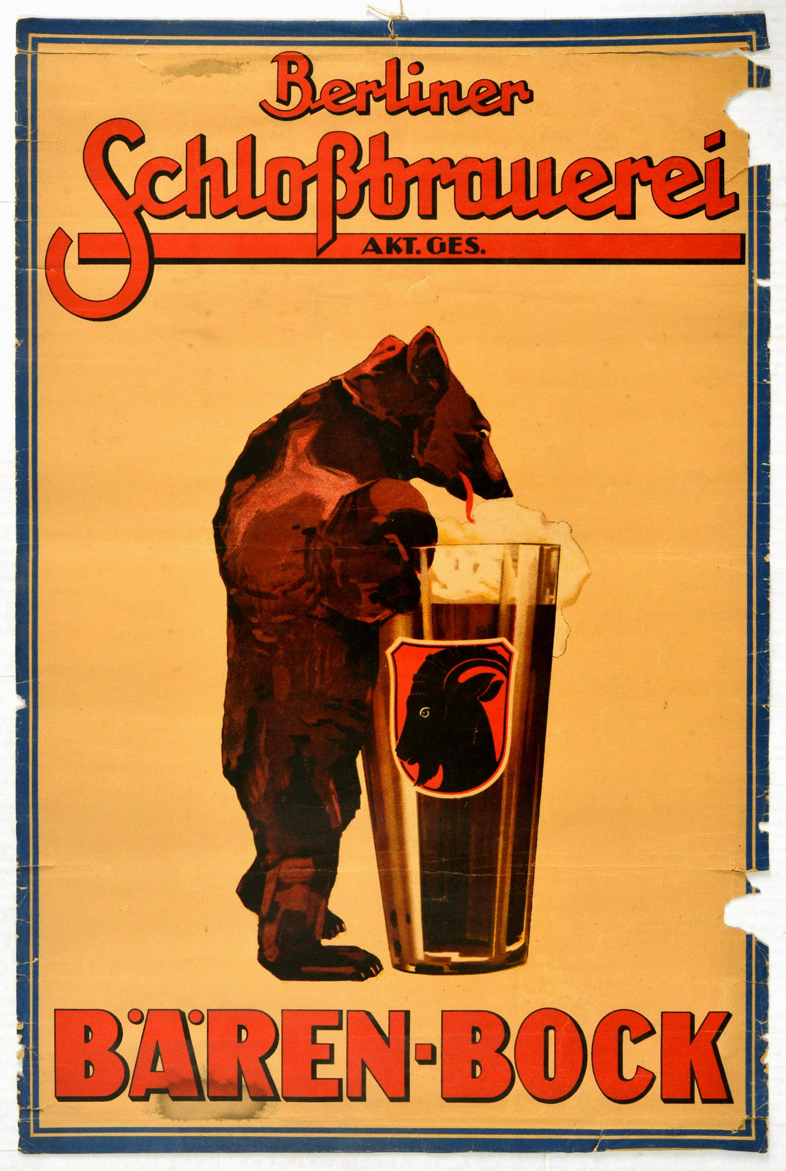Advertising Poster Baren Bock Beer Bear Berlin: Original vintage advertising poster for Baren Bock beer produced by the Berliner Schlossbrauerei. Fun image of a bear standing next to a beer glass and licking the beer head foam. Poor condition, tear