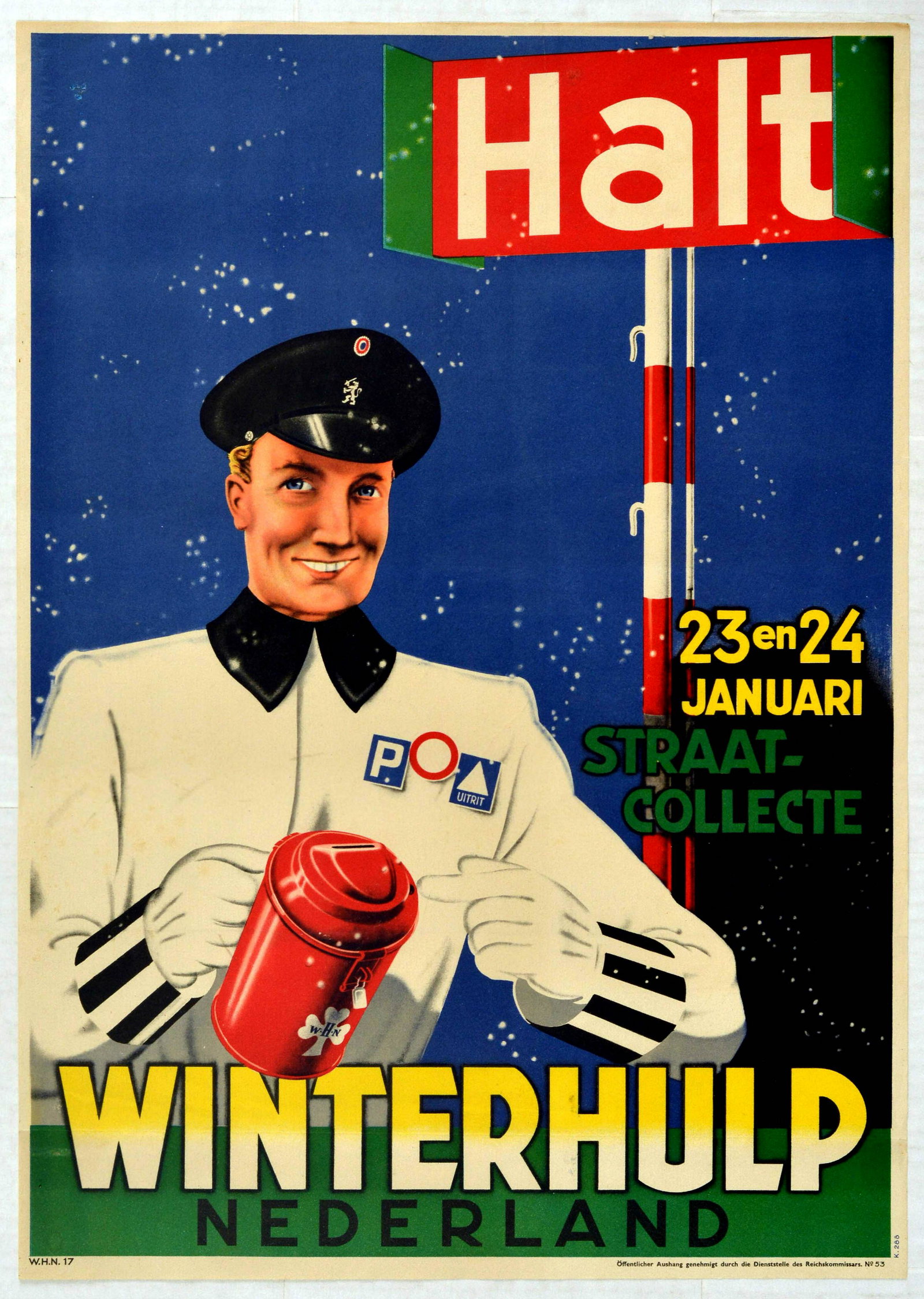 Advertising Poster Charity Winter Help Netherlands: Original vintage Dutch advertising poster titled in Dutch Winterhulp Nederland, with a date denoting 23 and 24 January, artwork featuring a man dressed in white uniform, black cap and gloves pouring f
