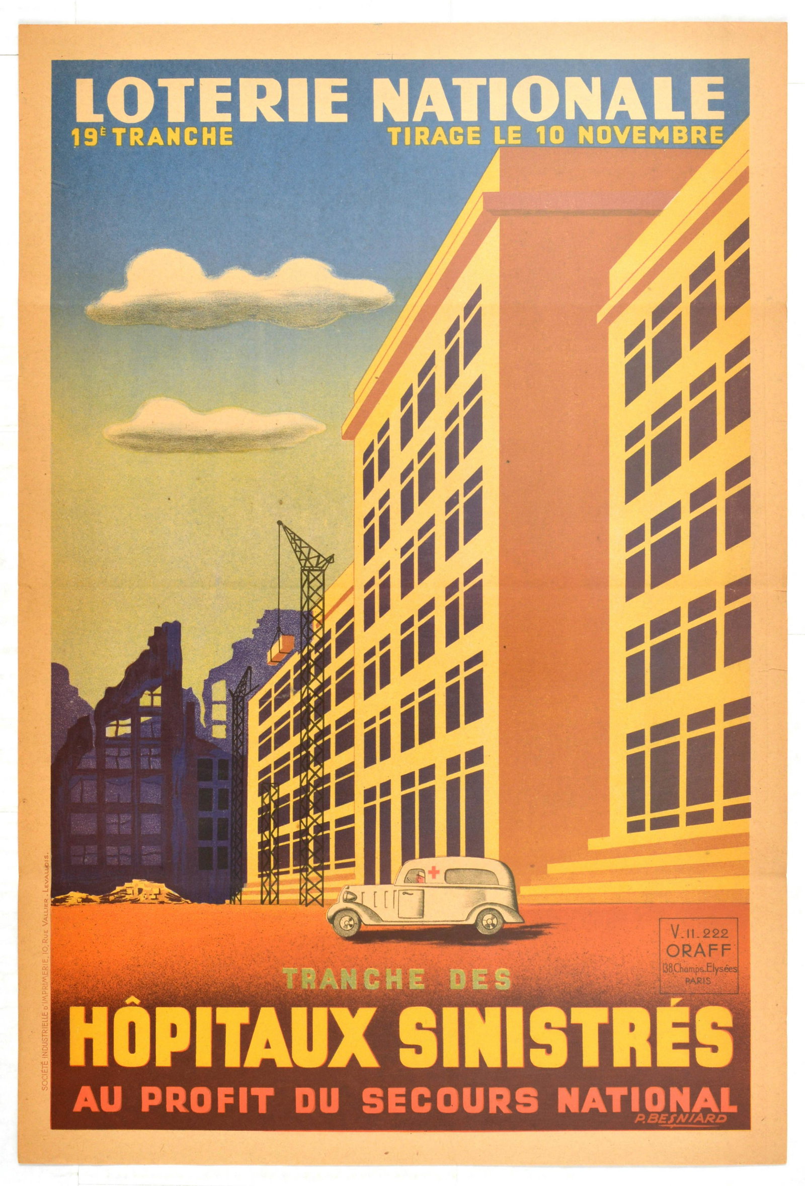 Advertising Poster French National Lottery Hospitals: Original vintage Second World War poster issued in Nazi occupied France, Loterie Nationale - Tranche des Hopitaux Sinistres, Au profit du secours national, translated as National Lottery - Slice of th