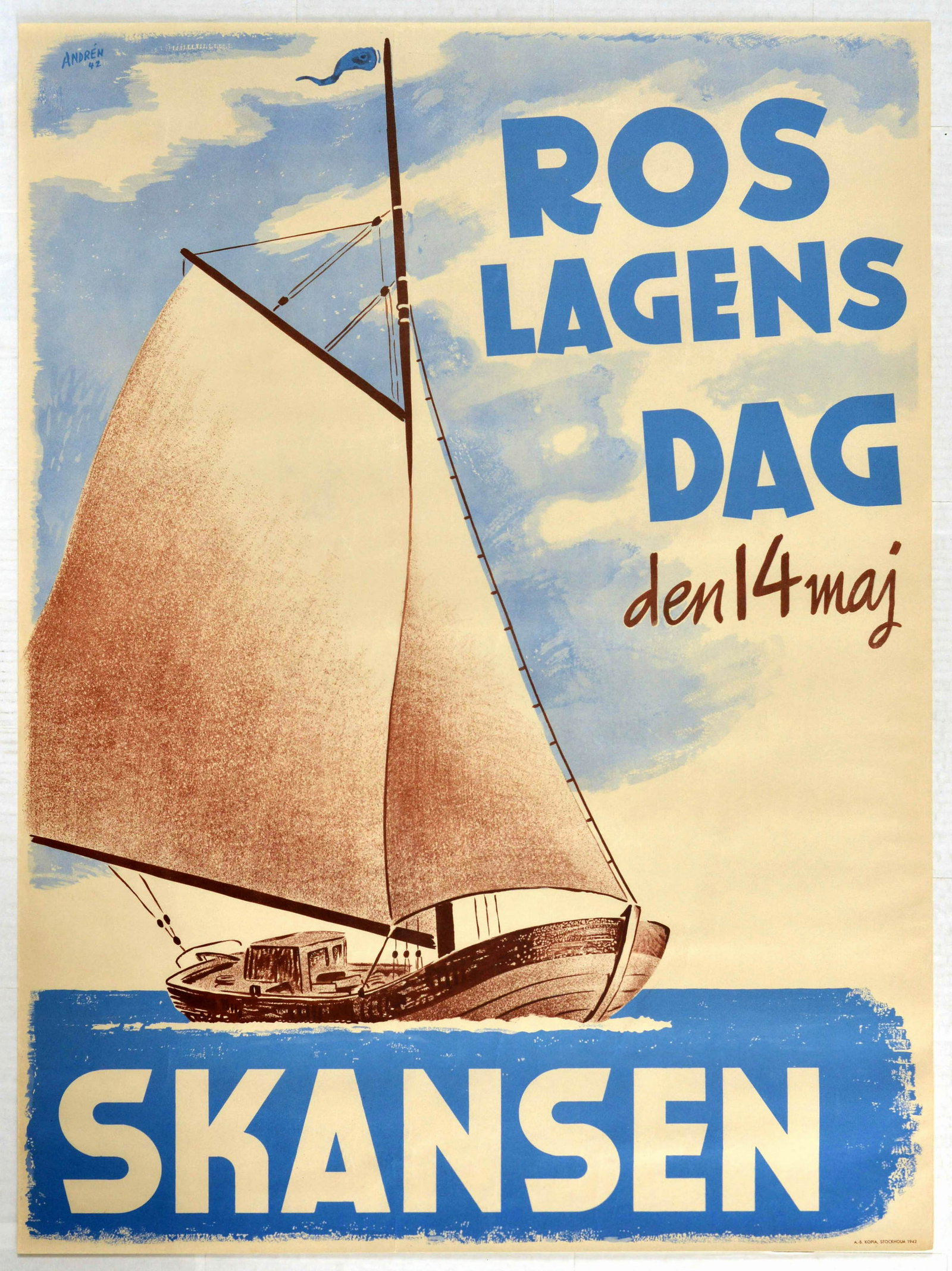 Advertising Poster Roslagens Day Skansen Sailing Barge: Origina vintage advertising poster titled Roslagens Dag den 14 maj - Skansen, translated from Swedish as Roslagens Day on 14 May - Skansen, with an artwork featuring a sepia coloured sailboat on a blu