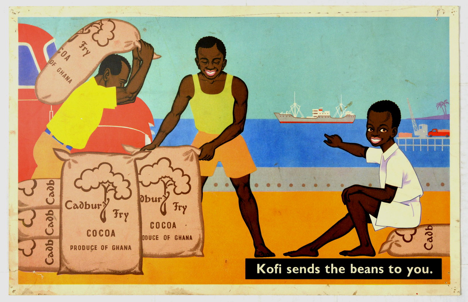 Advertising Poster Set Cadbury Cocoa Chocolate Kofi: Set of six original vintage advertising posters for Cadbury Fry chocolates. The posters are designed as a set of educational stories about cocoa production called The Story of Kofi. 1. Kofi sends the 