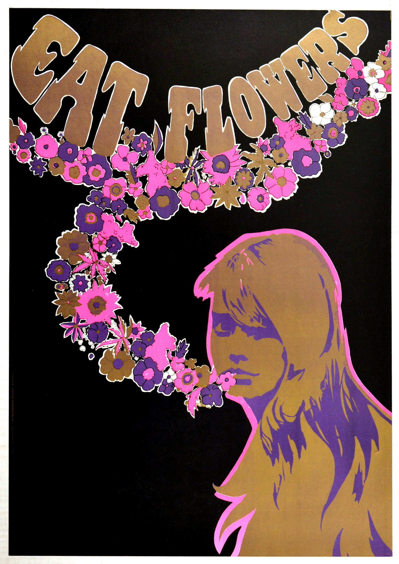 Advertising Poster Eat Flowers Psychedelic Hippie: Original vintage poster - Eat Flowers - featuring psychedelic artwork against a dark background showing colourful flowers coming out of the mouth of a young hippie lady with the title above. Printed i