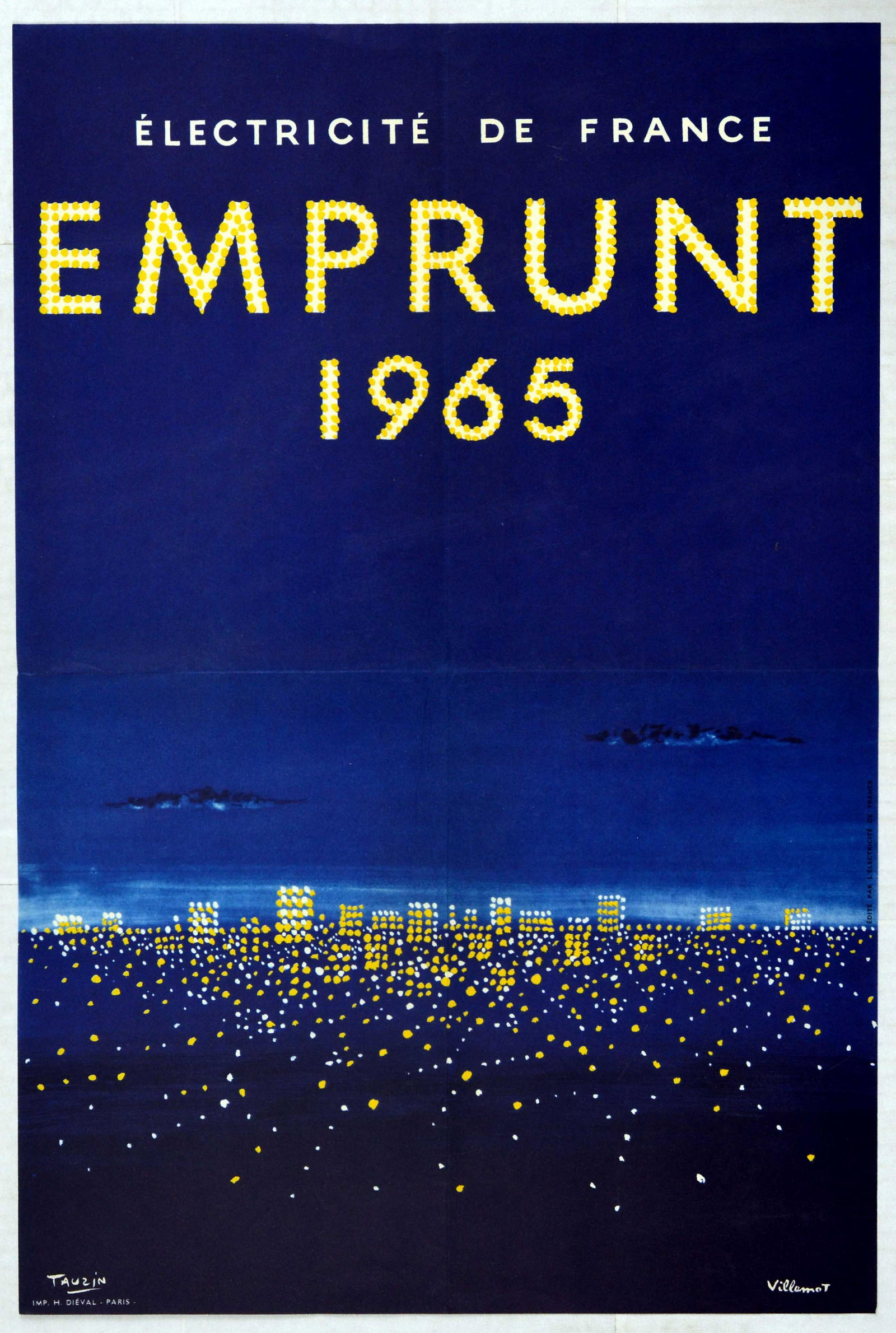 Advertising Poster Set Emprunt Bonds France Electricity: Set of three original vintage advertising posters for bonds and loans issued by French infrastucture companies. 1. Electricity of France - EDF Electricite de France - featuring a great illustration by