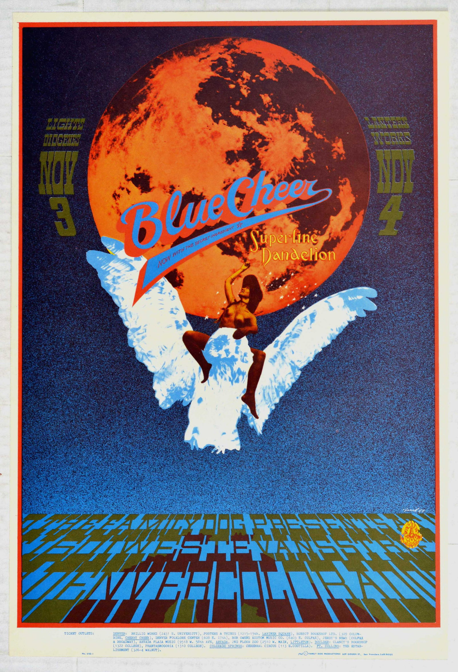Rock Concert Poster Blue Cheer Denver Dog: Original vintage music advertising poster for a concert by Blue Cheer and Superfine Dandelion, at the Denver Dog music venue in Denver, Colorado in 1967. The event was organised by Family Dog Producti