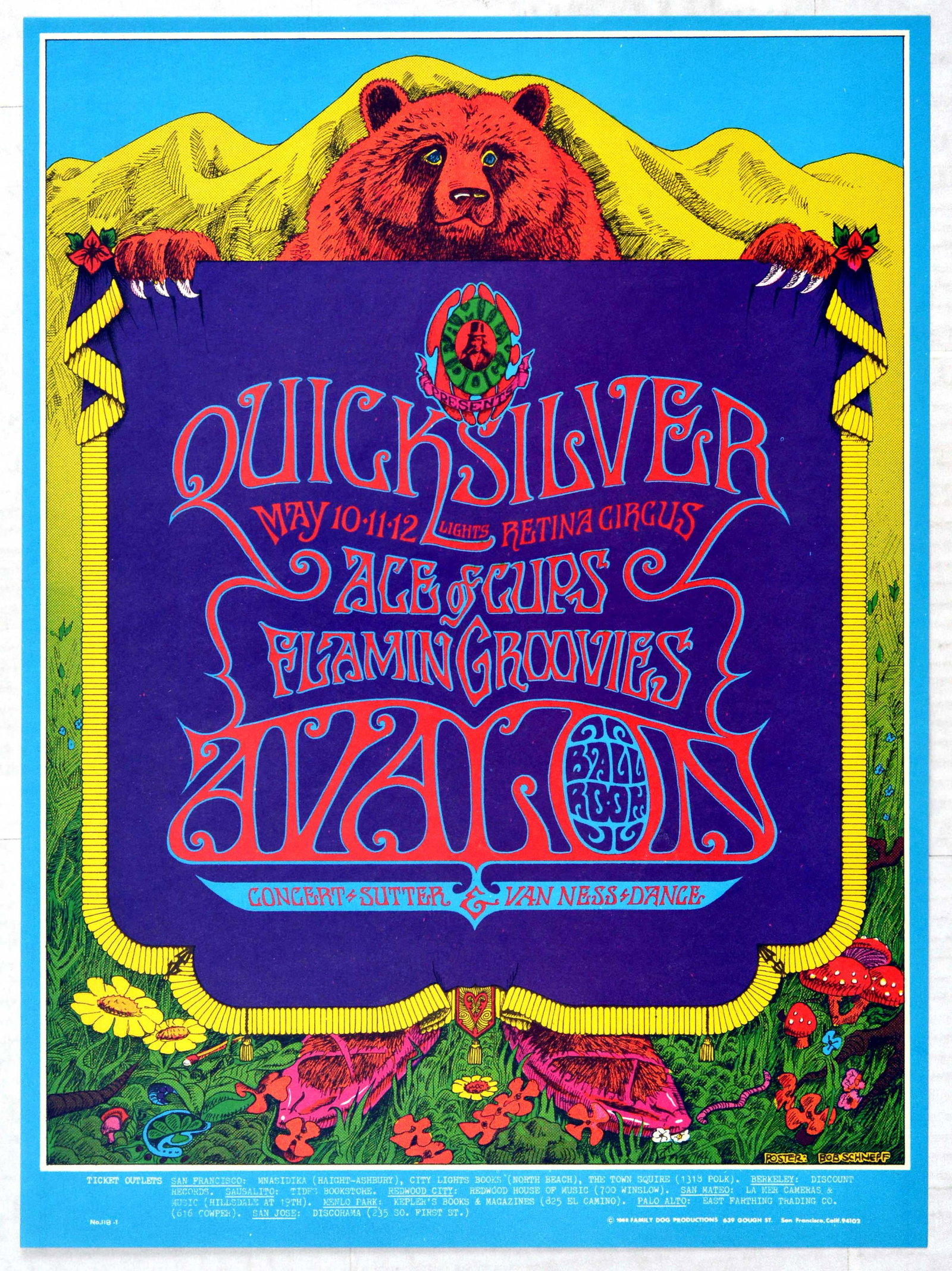Rock Concert Poster Quicksilver Ace of Cups Flamin: Original vintage music advertising poster for a concert by Quicksilver and Messenger Service at the Avalon Ballroom in 1968. Supporting acts featured The Aces of Cups and The Flamin' Groovies. The eve