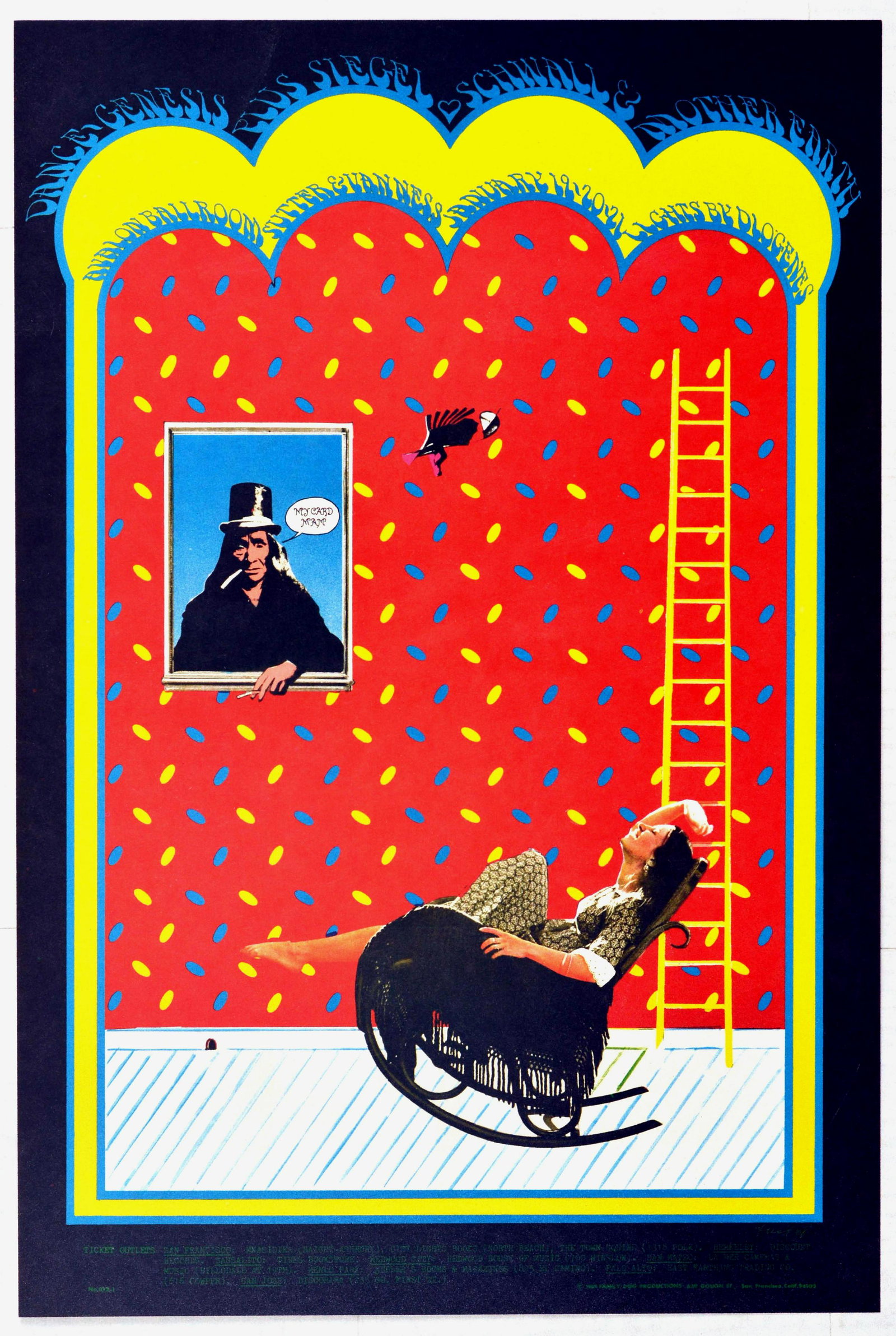 Rock Concert Poster Genesis Bill Graham Schwall Band: Original vintage music poster advertising a concert presented by Bill Graham headlined by Genesis and supported by Siegel - Schwall Band and Mother Earth - with lights by Byologenes. The event took pl