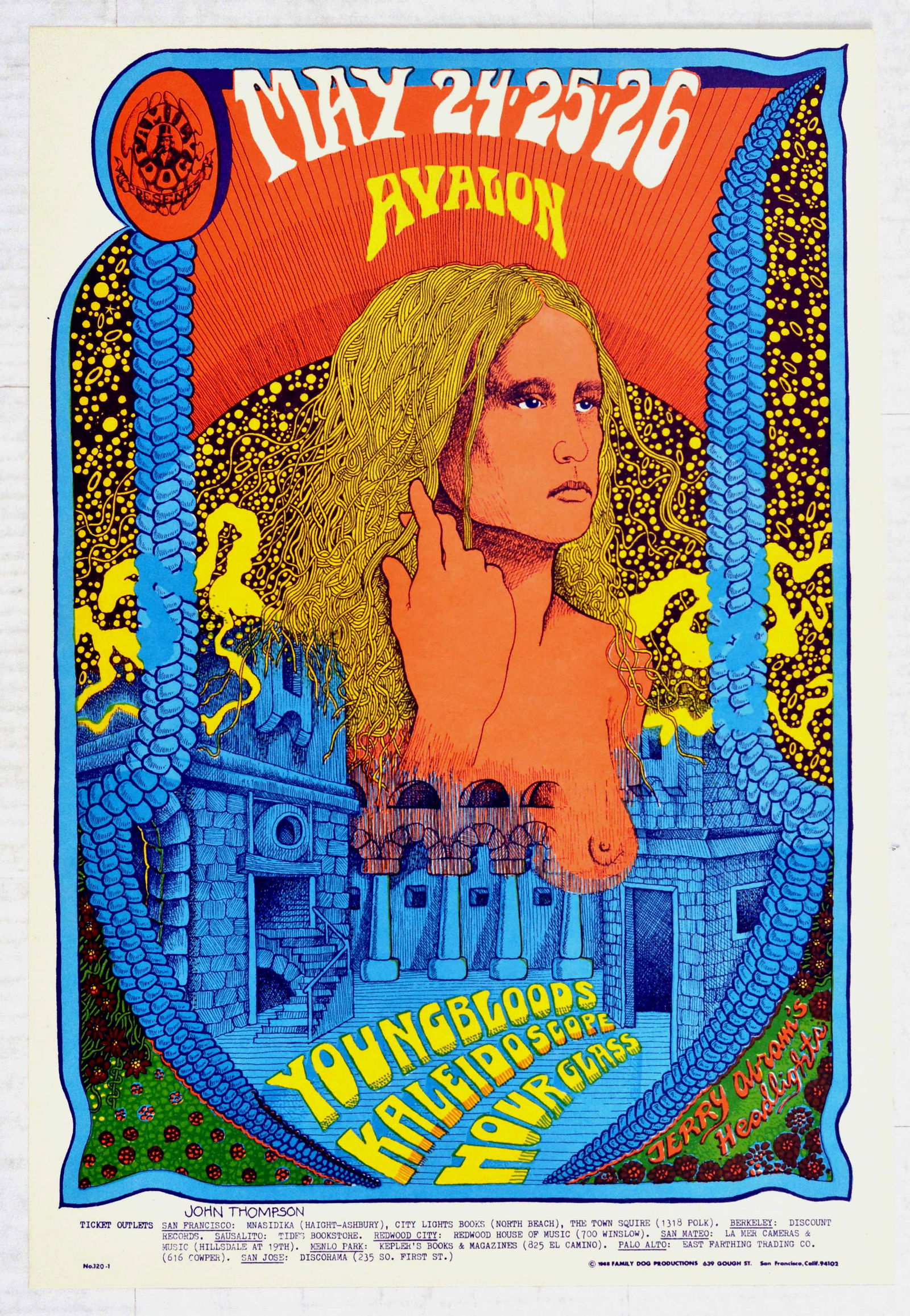 Rock Concert Poster Youngbloods Kaleidoscope Hourglass: Original vintage music advertising poster for a concert by Youngbloods at the Avalon Ballroom in 1968 with supporting acts including Kaleidoscope and Hour Glass. The event was organised by Family Dog