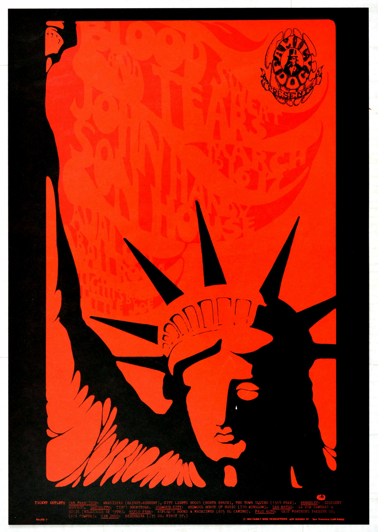 Rock Concert Poster Blood Sweat and Tears Bill Graham: Original vintage music poster advertising a concert presented by Bill Graham featuring Blood Sweat and Tears, John Handy and Son House. The event took place between from March 15 to 17 1968 at the Ava