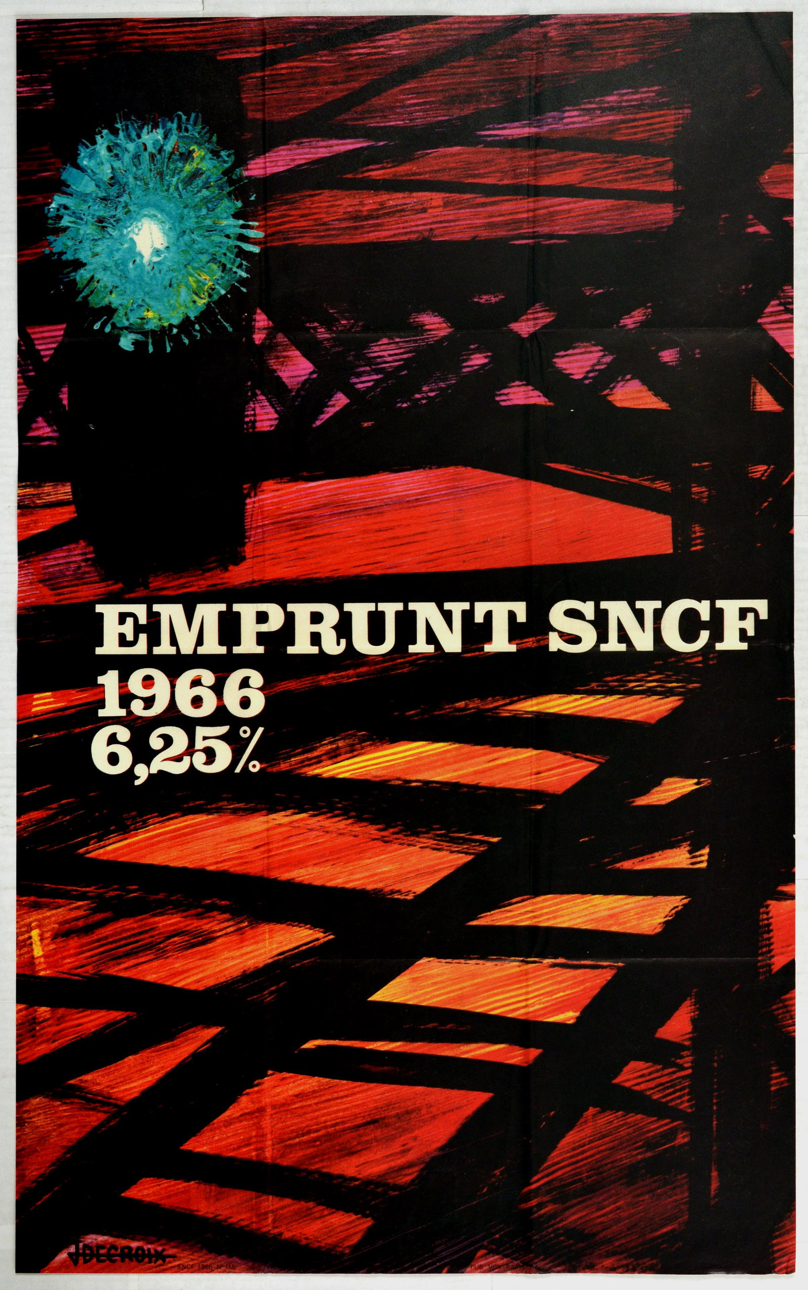 Advertising Poster SNCF Bonds Loan French Railways: Original vintage advertising poster for an issue of bonds by the French State Railways (SNCF). Moody abstract design of railway tracks at night bu J Decroix. Good condition, folds, creasing. Country o