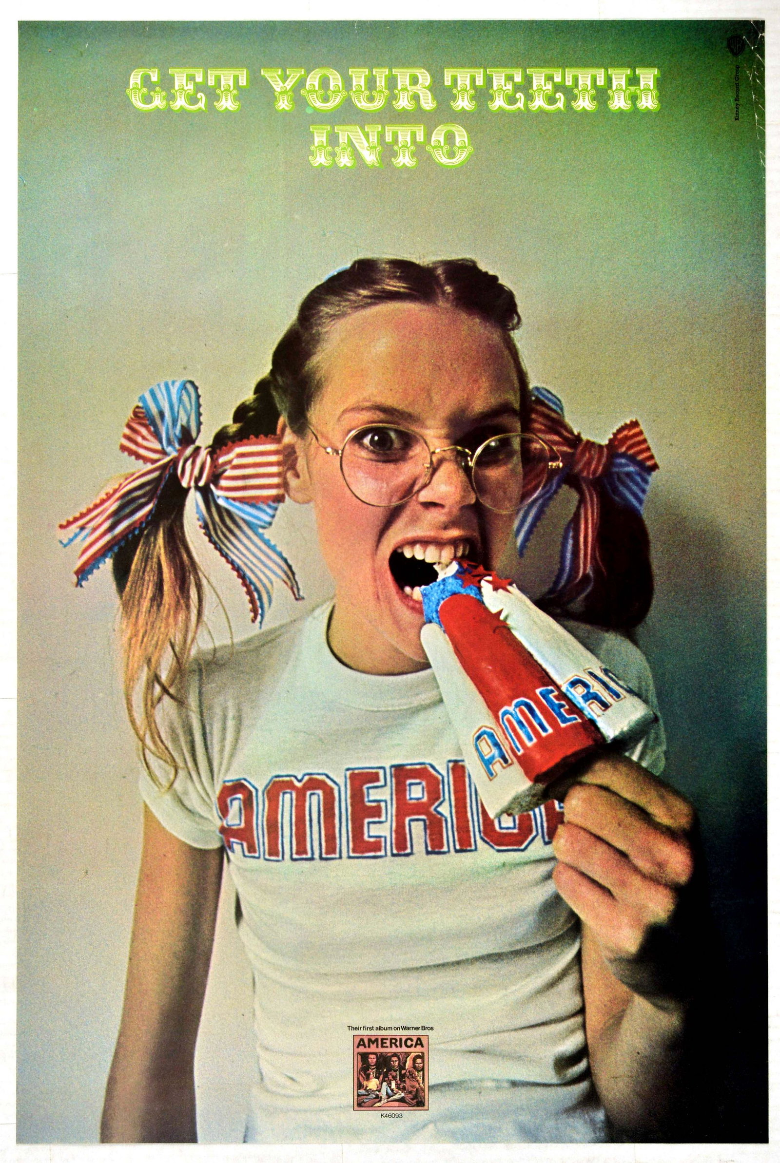 Advertising Poster America Rock Band Album: Original vintage music poster advertising the debut studio album from the band America released in 1971 - Great design features a girl wearing an America tshirt and pigtails with patriotic red, white 