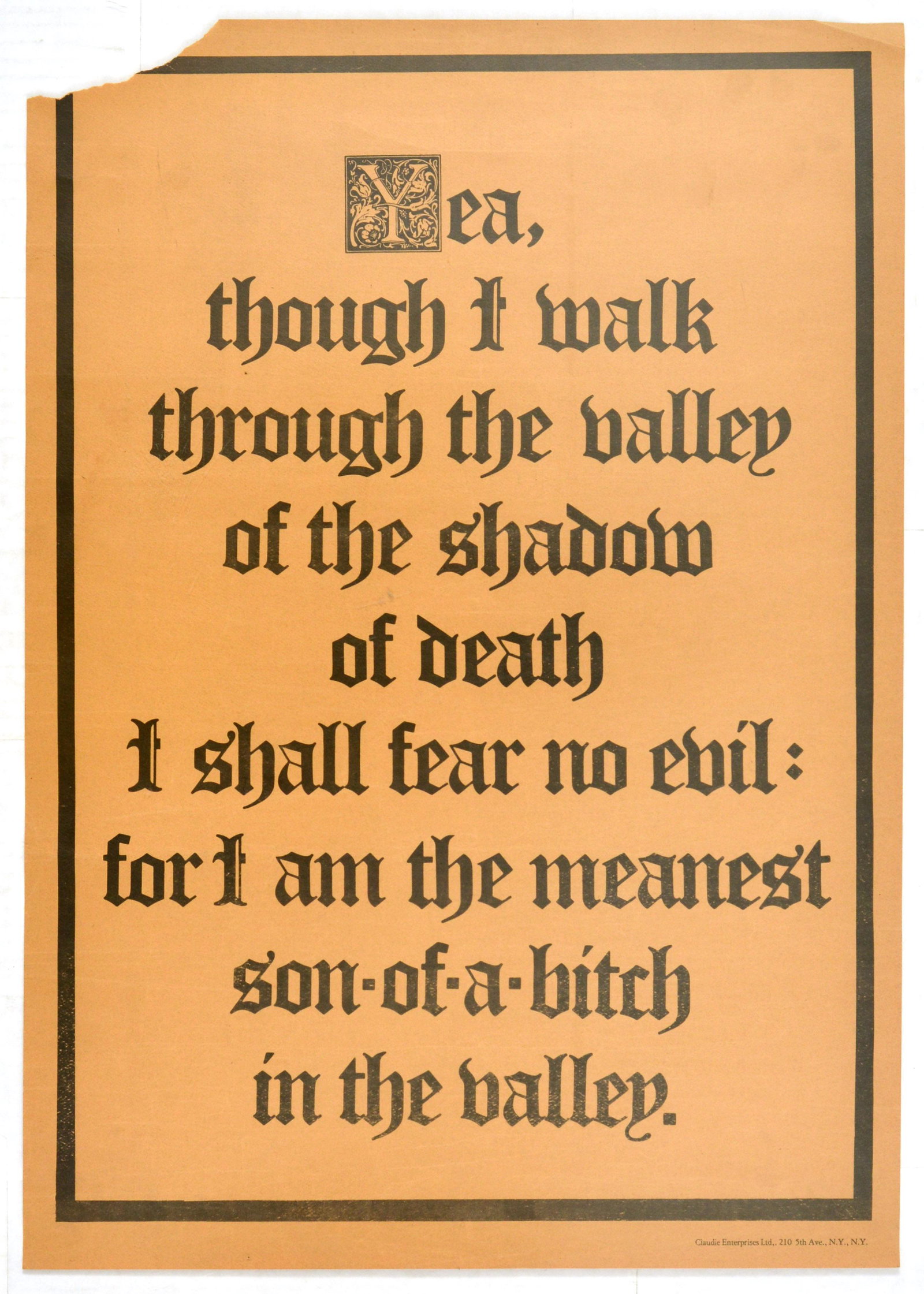 Advertising Poster Fear No Evil SOB Psalm: Original vintage advertising poster with a text inspired and derived from Psalms of the Bible that reads Yea, though I walk through the valley of the shadow of death I shall fear no evil: for I am the