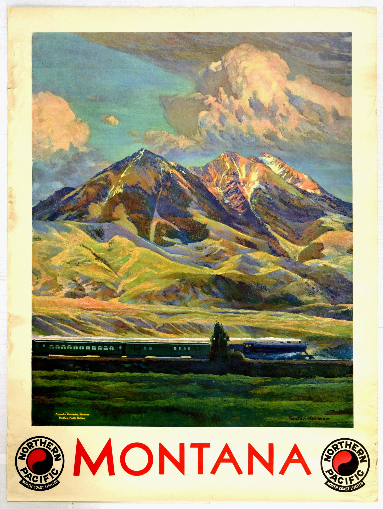 Travel Poster Montana Northern Pacific Railway: Original vintage travel advertising poster "Montana" issued by the Nothern Pacific North Coast Limited. The beautiful artwork, painted by artist Gustav Krollman (1888-1962), features a steam train mov