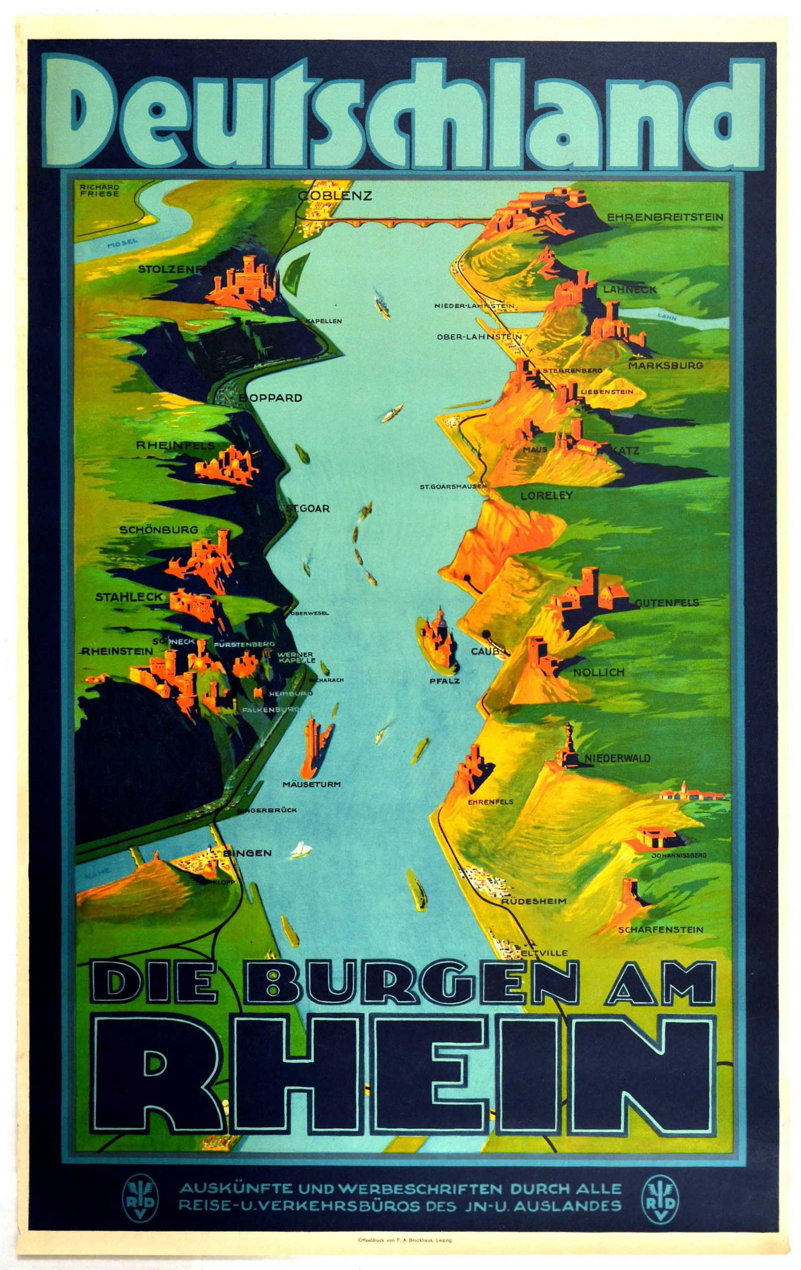 Travel Poster Germany Rhine Castles Railway: Original vintage travel advertising poster titled in German Deutschland - Die Burgen am Rhein - Germany - The Castles on the Rhine. The artwork features a an aerial view of the Rhine river in Germany,