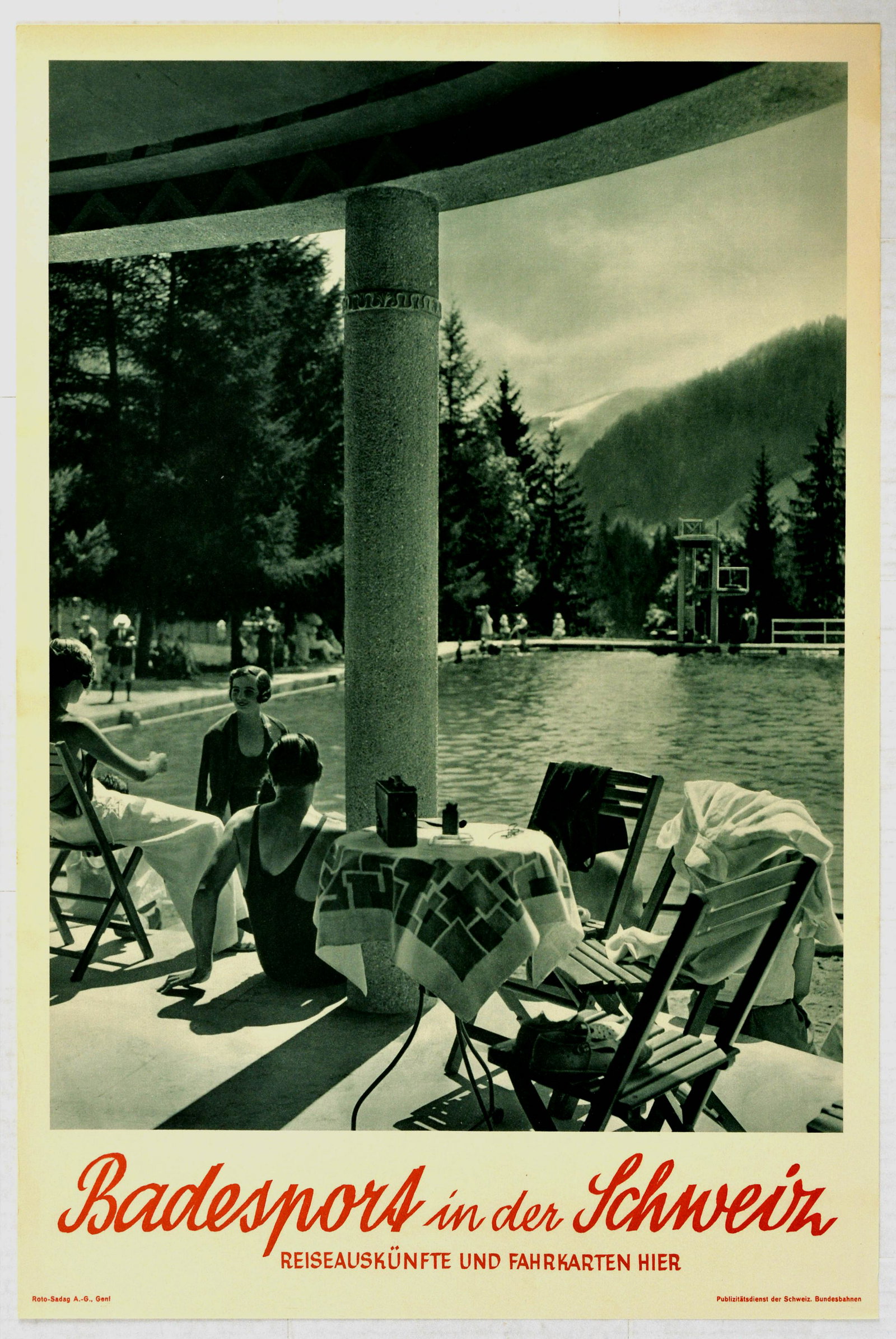 Travel Poster Swimming Pool Sports Switzerland Swiss: Original vintage travel poster titled in German Badespors in der Schweiz - translated as Bathing Sports in Switzerland, with a monotone photograph showing bathers and sunbathers by the poolside, sitti